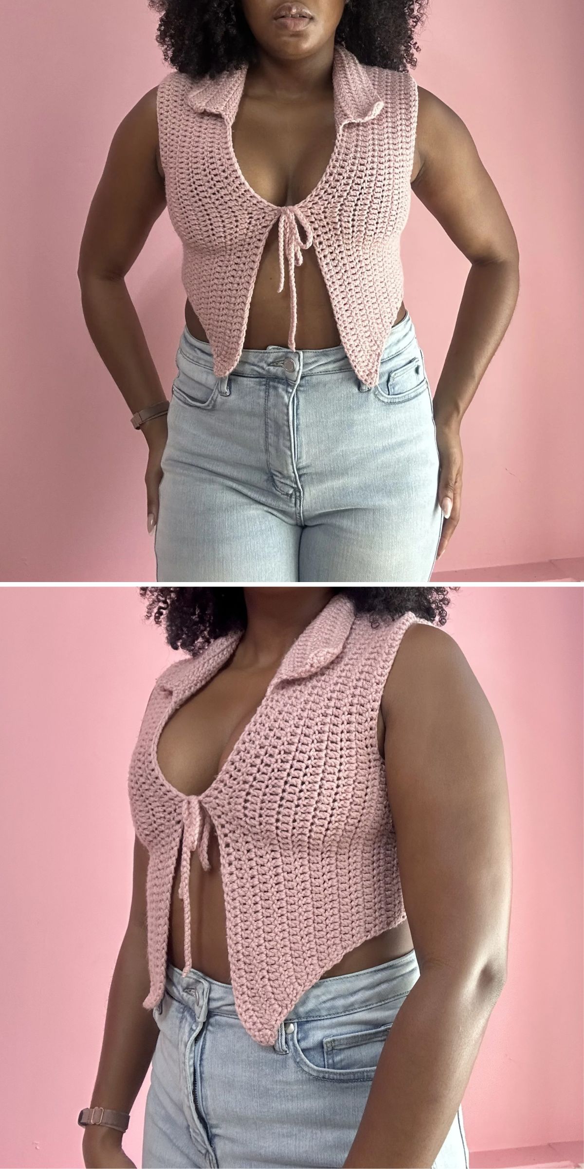 a pink crochet top with a front tie and elegant collar