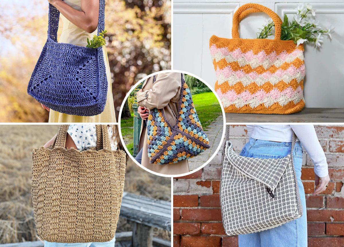 a collection of stylish crochet bags