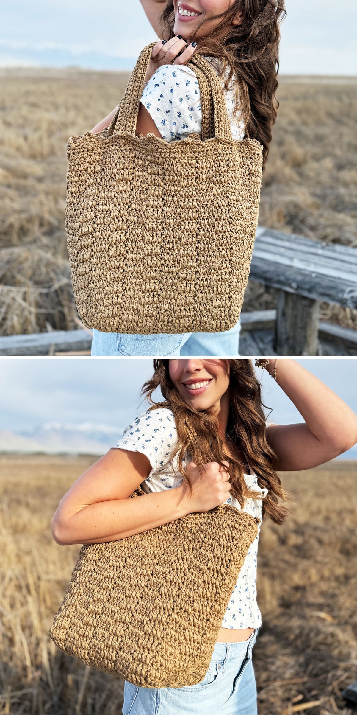 a trendy crochet tote bag in a neutral color