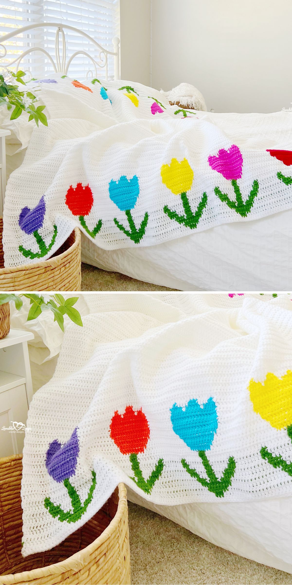 a crochet blanket with a row of tulip flowers on a white background