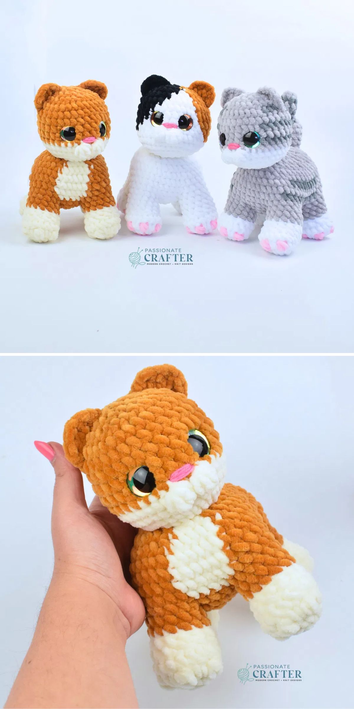 a set of crochet cat soft toys in different colors