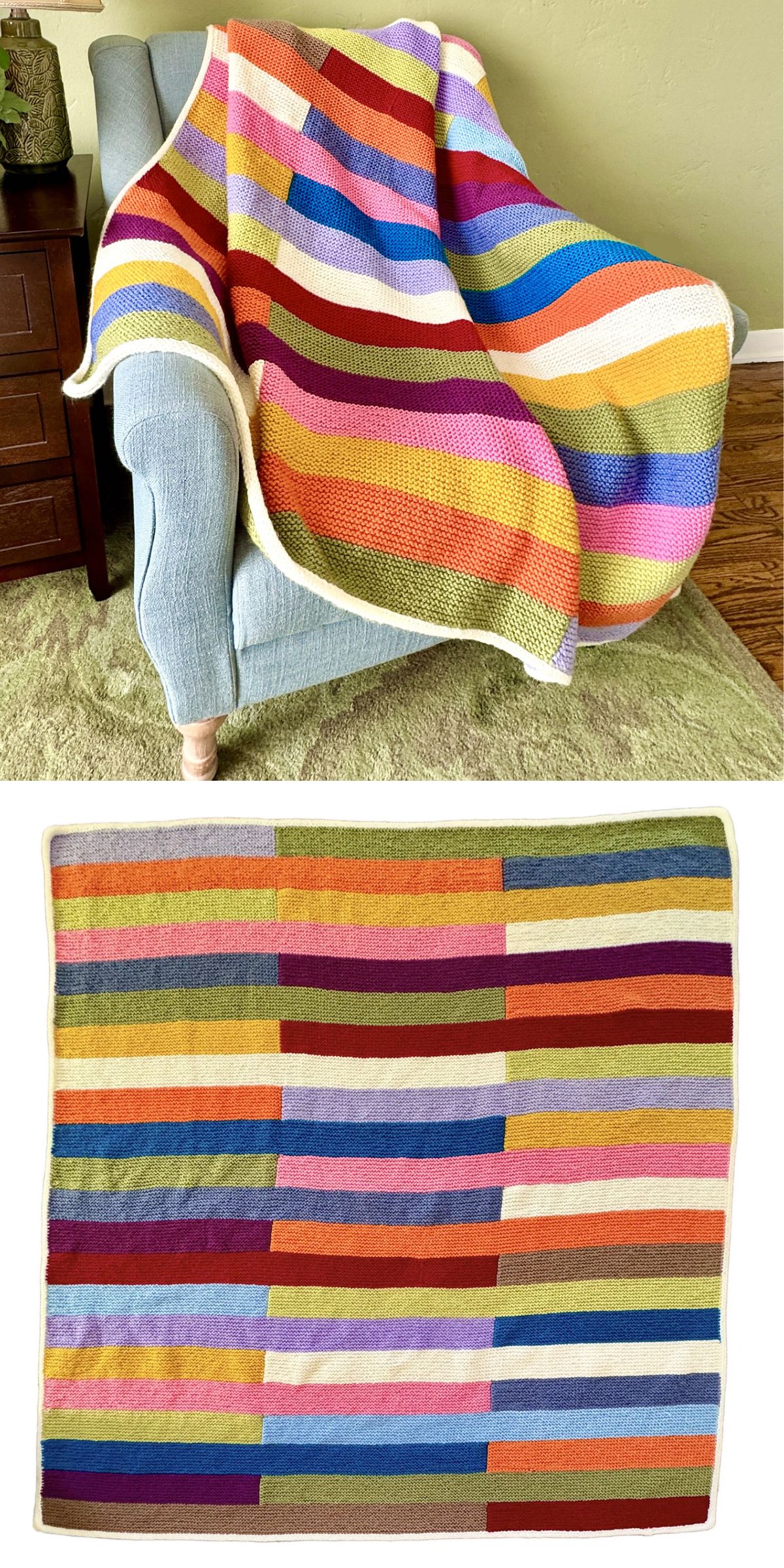 a knit blanket featuring a striped colorful patchwork design
