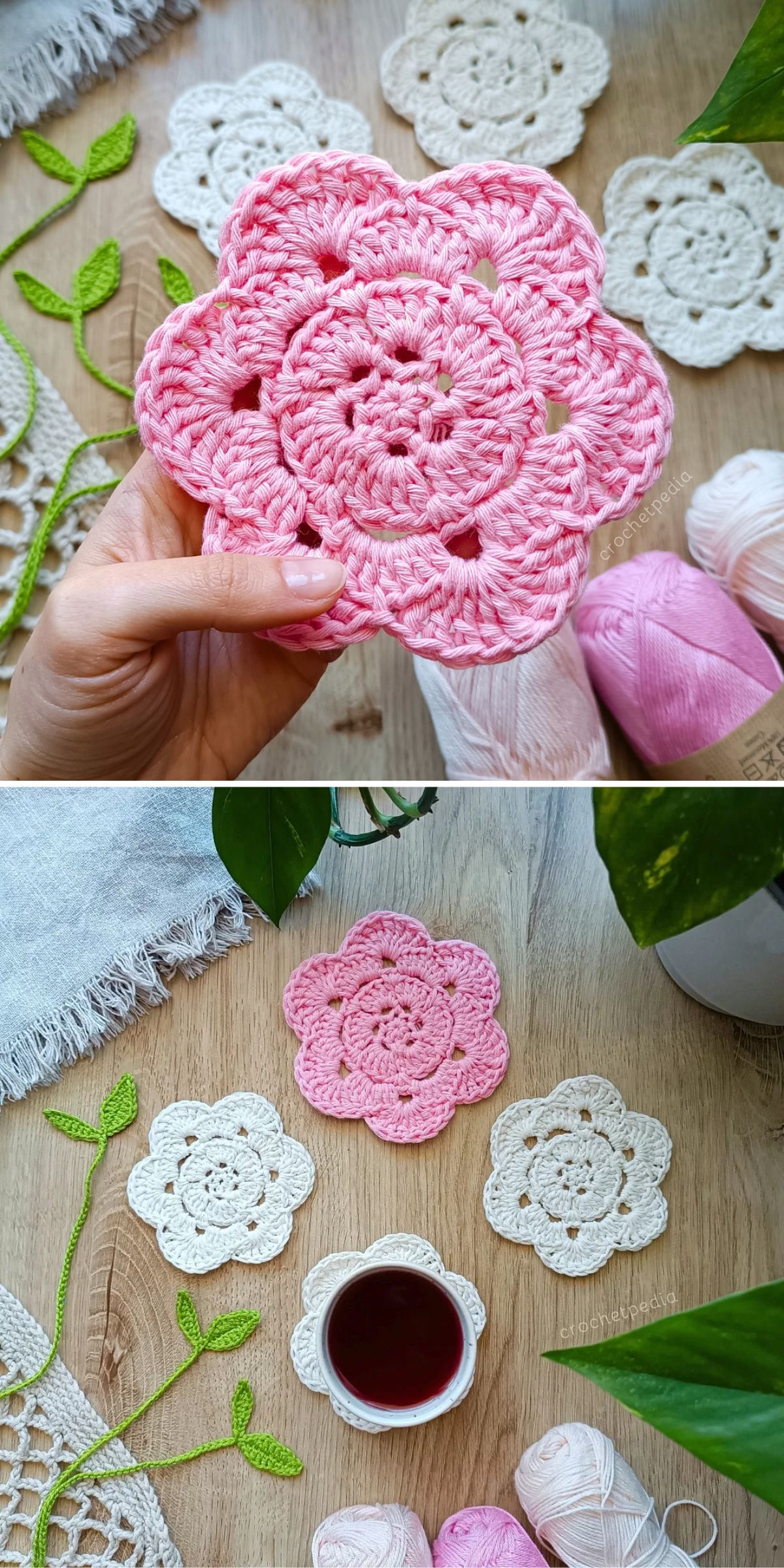 crochet flower-shaped coasters in pink and white colors
