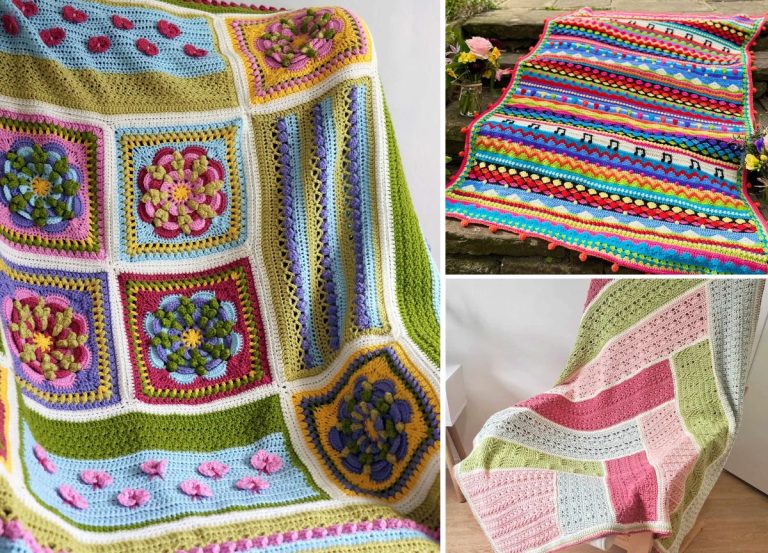 a collage of three colorful and beautifully stitched crochet blanket CAL projects
