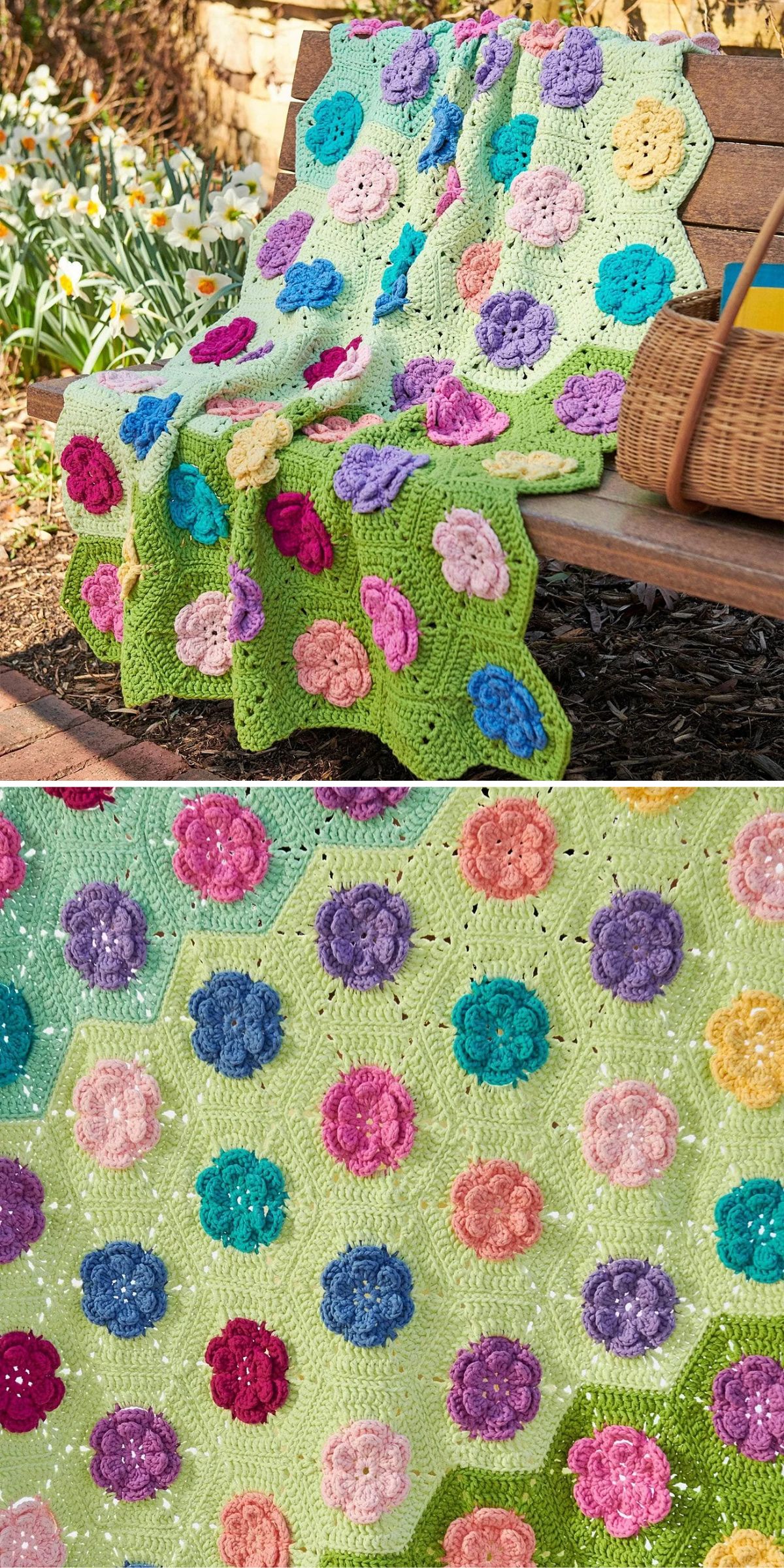 a crocheted blanket formed by flower hexagons