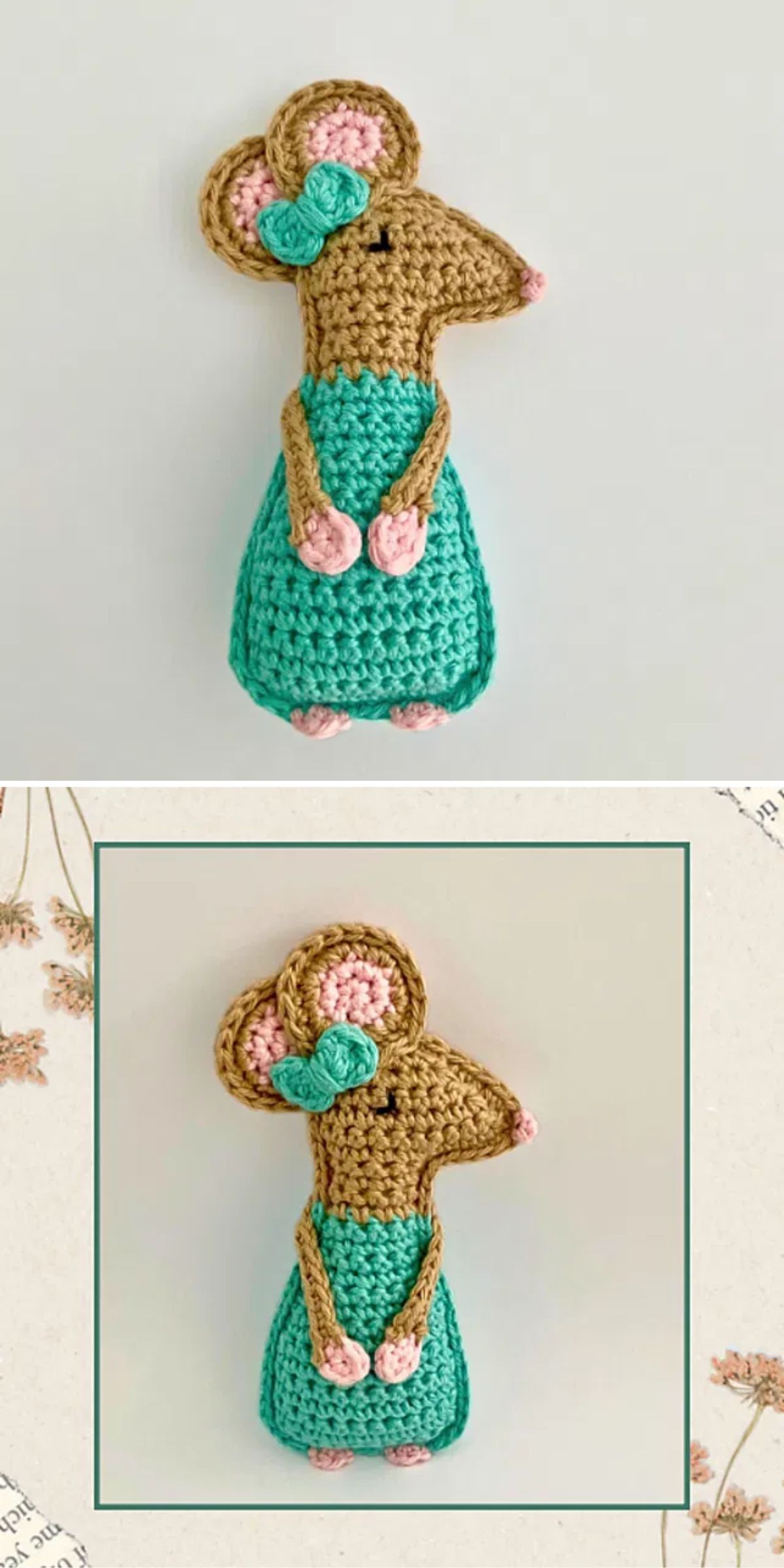 a flat little crochet mouse amigurumi