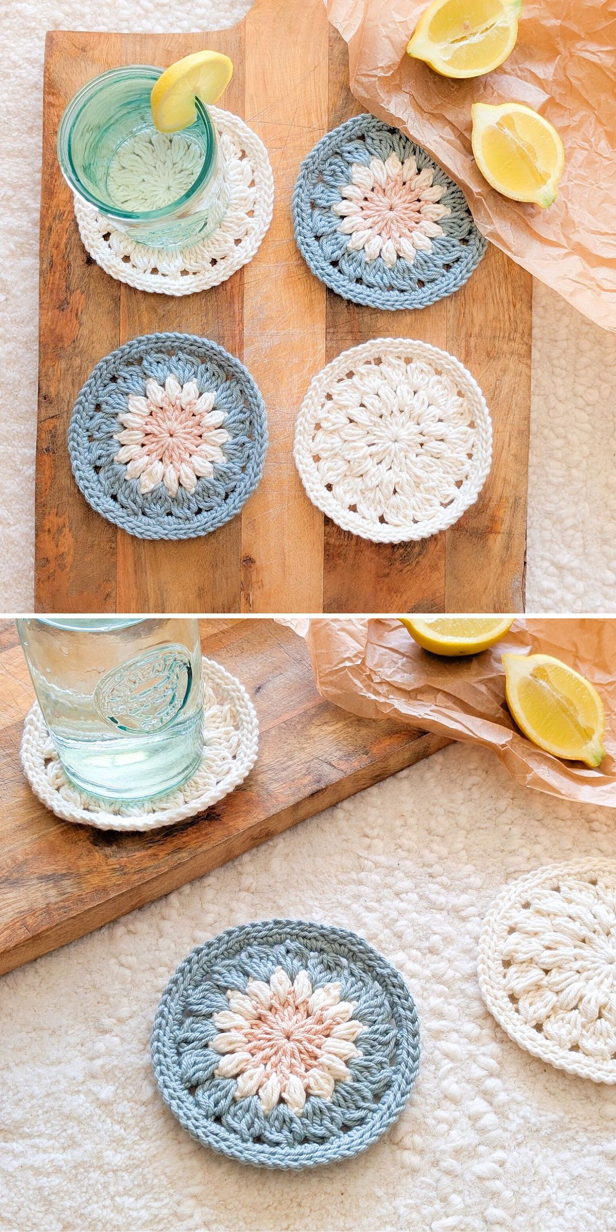 a round boho-style crochet coasters with a daisy motif in the center