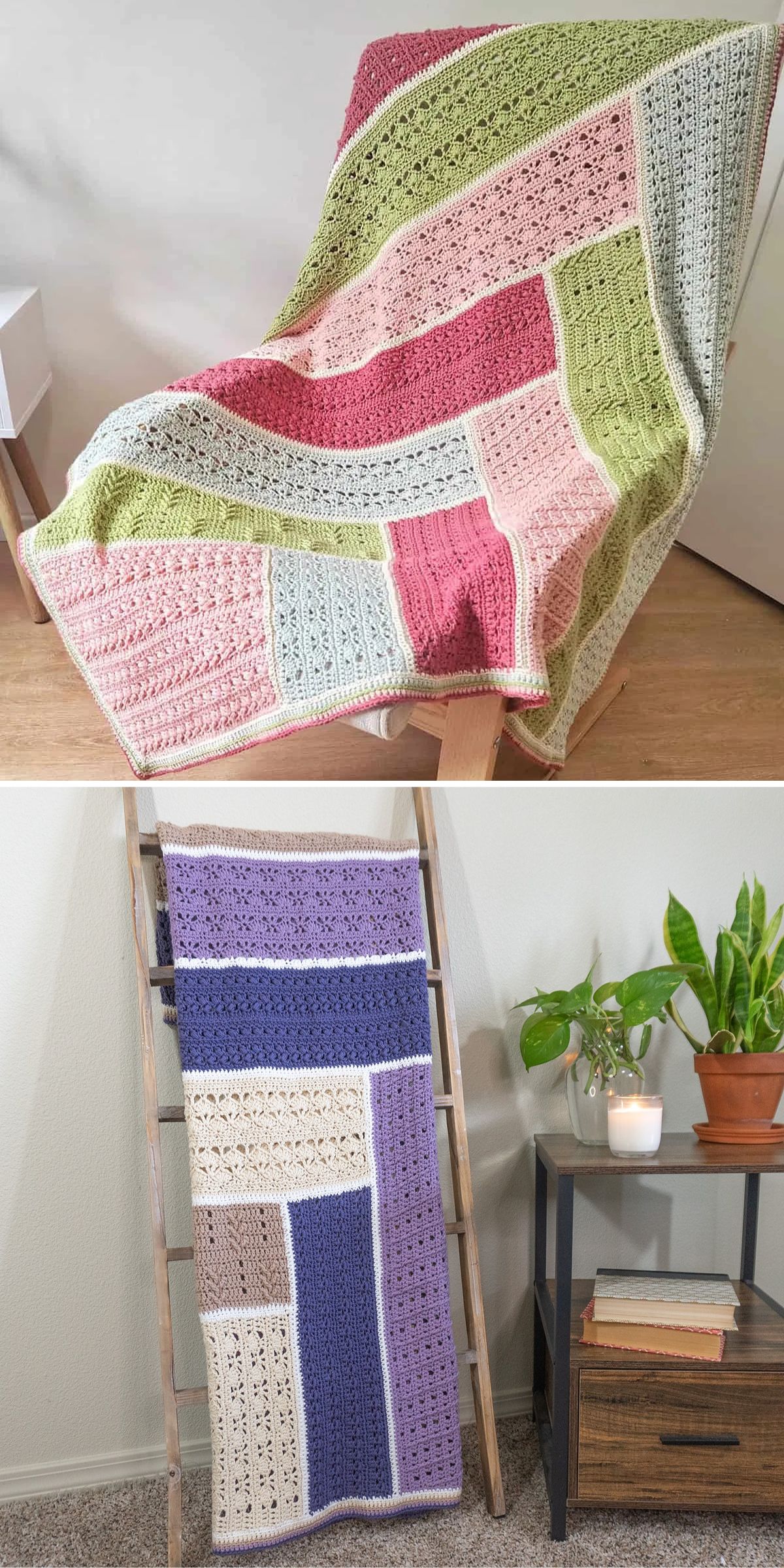 two crochet blanket cals featuring a geometric design constructed from rectangle pieces