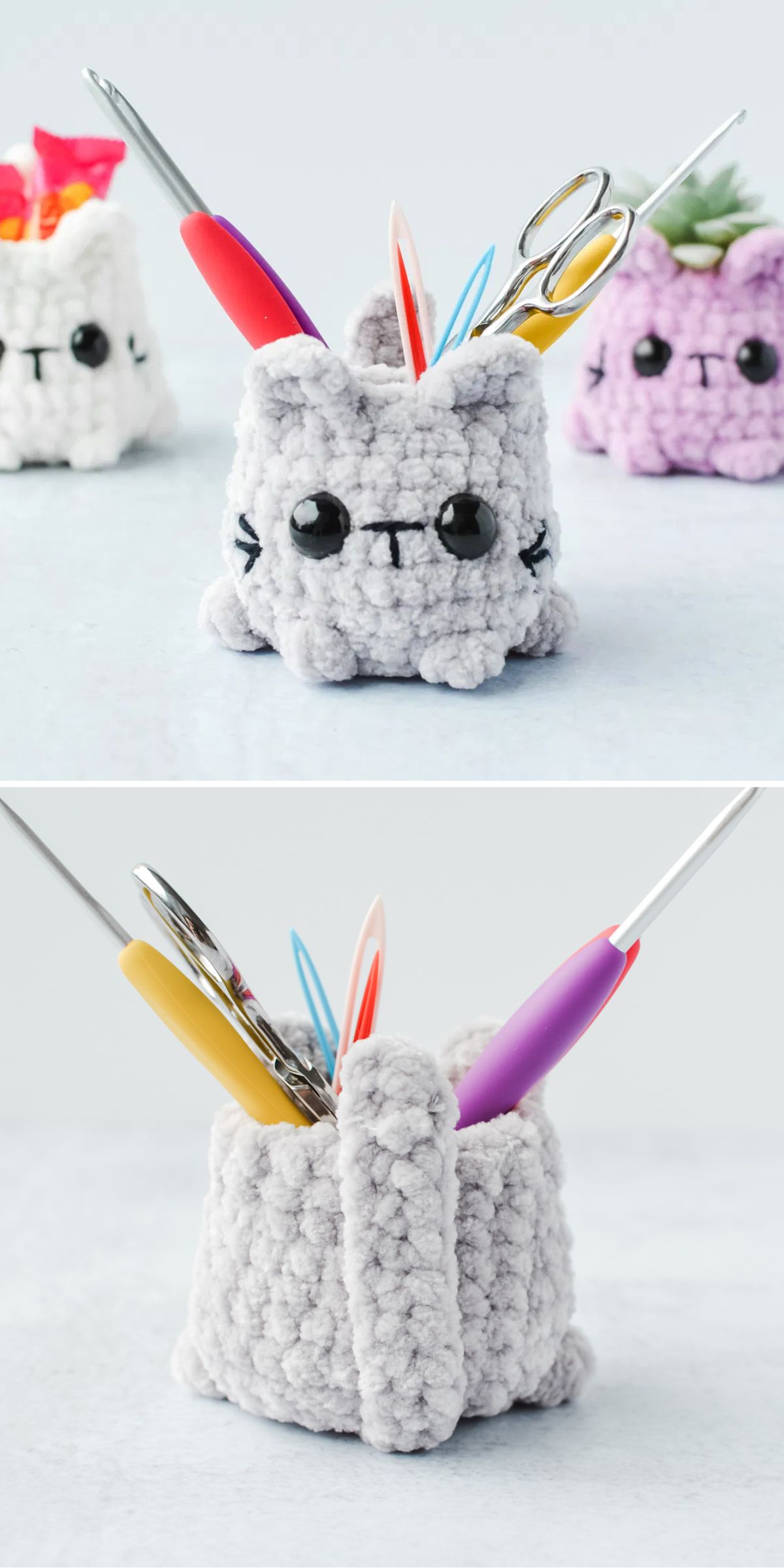 a small crochet desk organizer shaped like a cat
