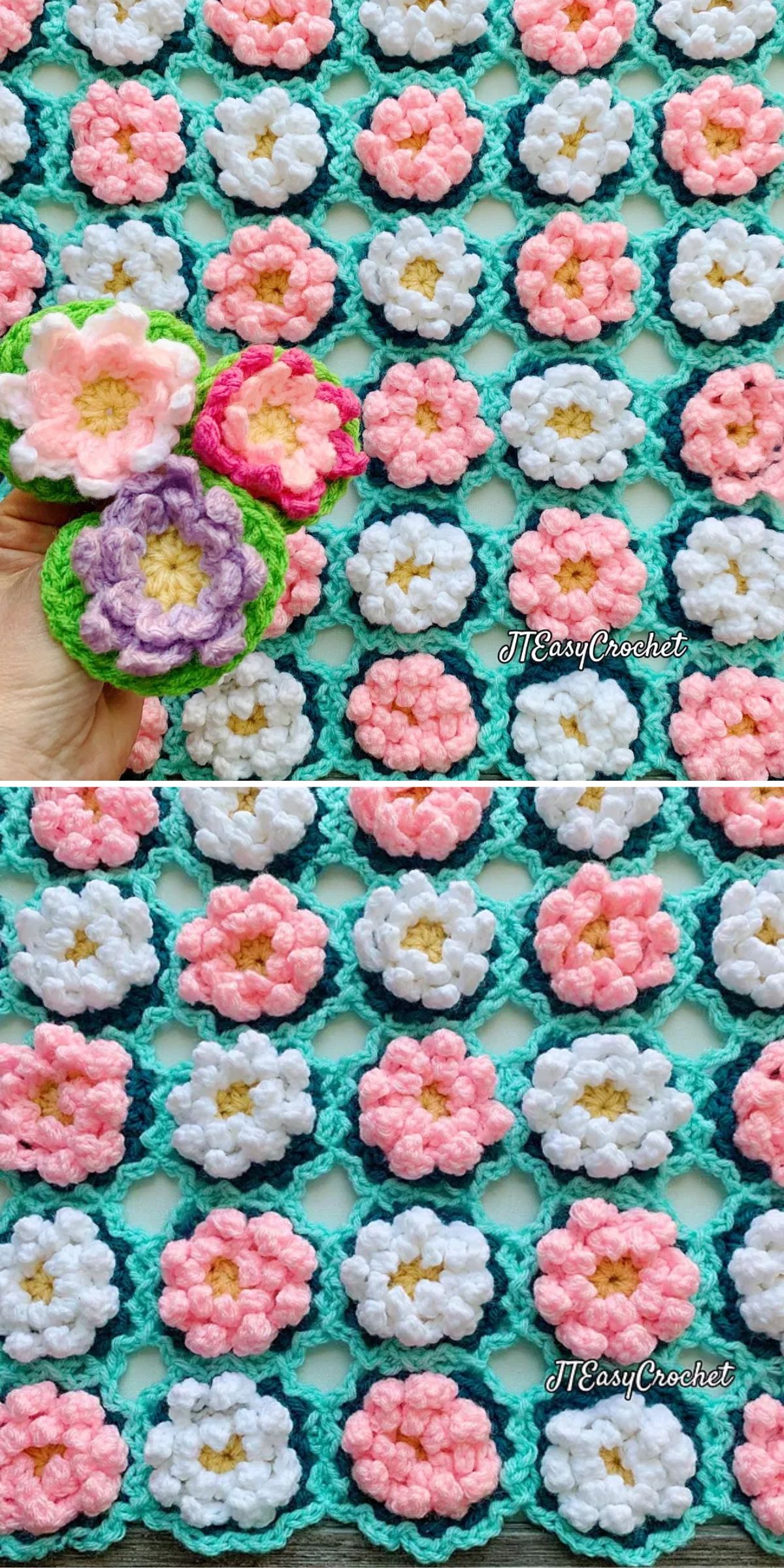 a crochet blanket made of small textured flowers