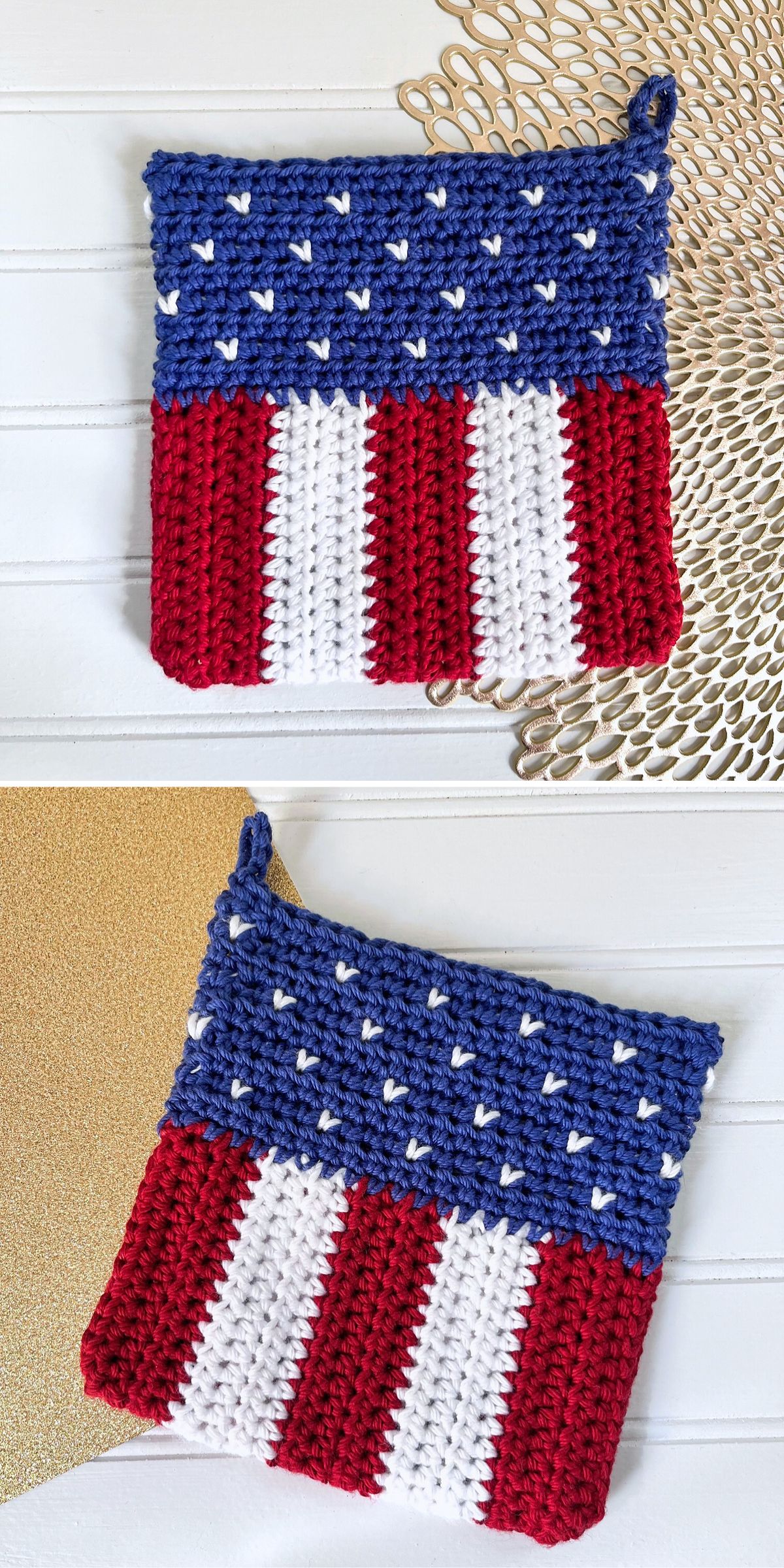 a knitted hot pad designed as an american flag