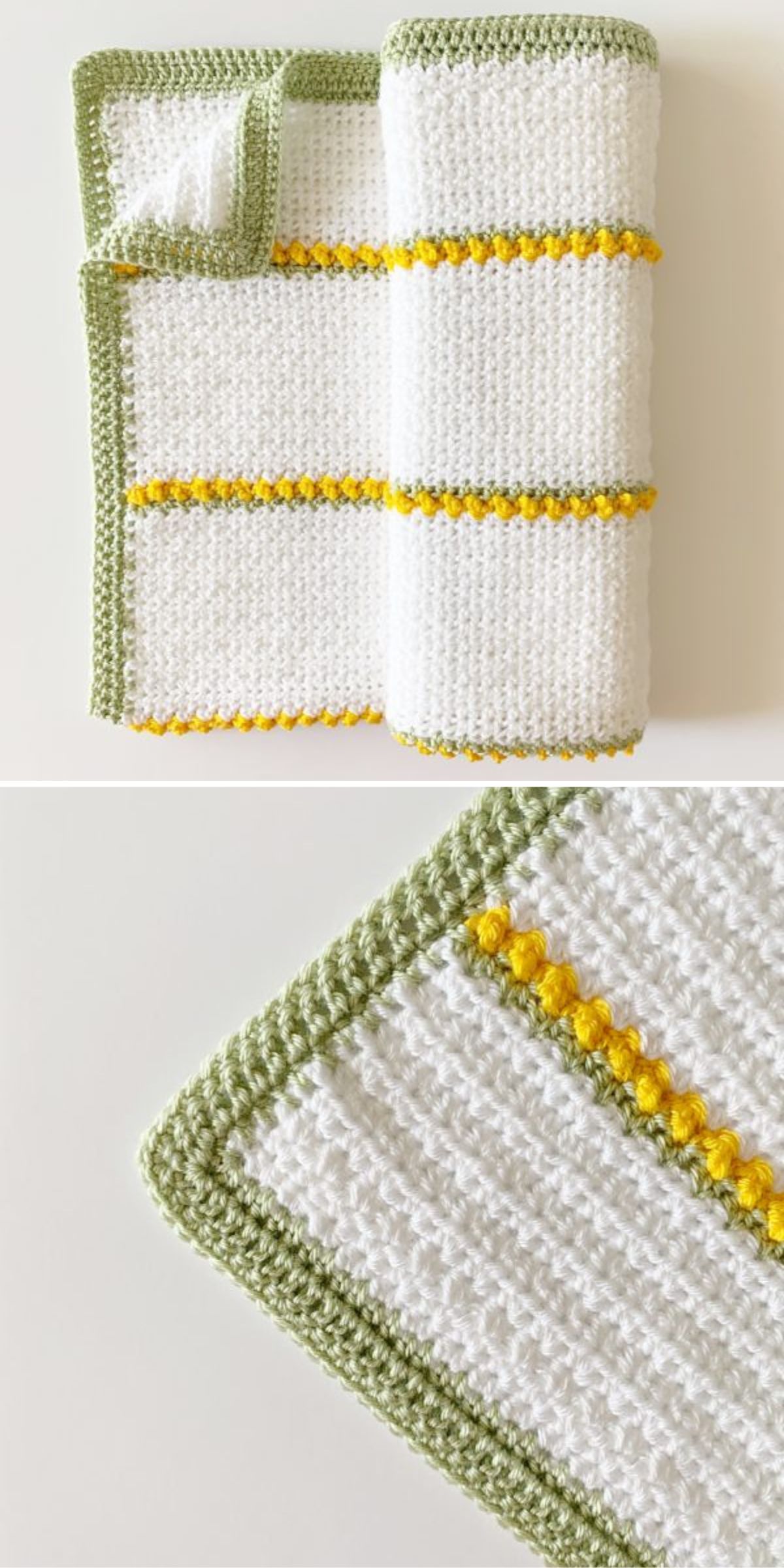 a delicate crochet baby blanket with thin tulip stitch stripes