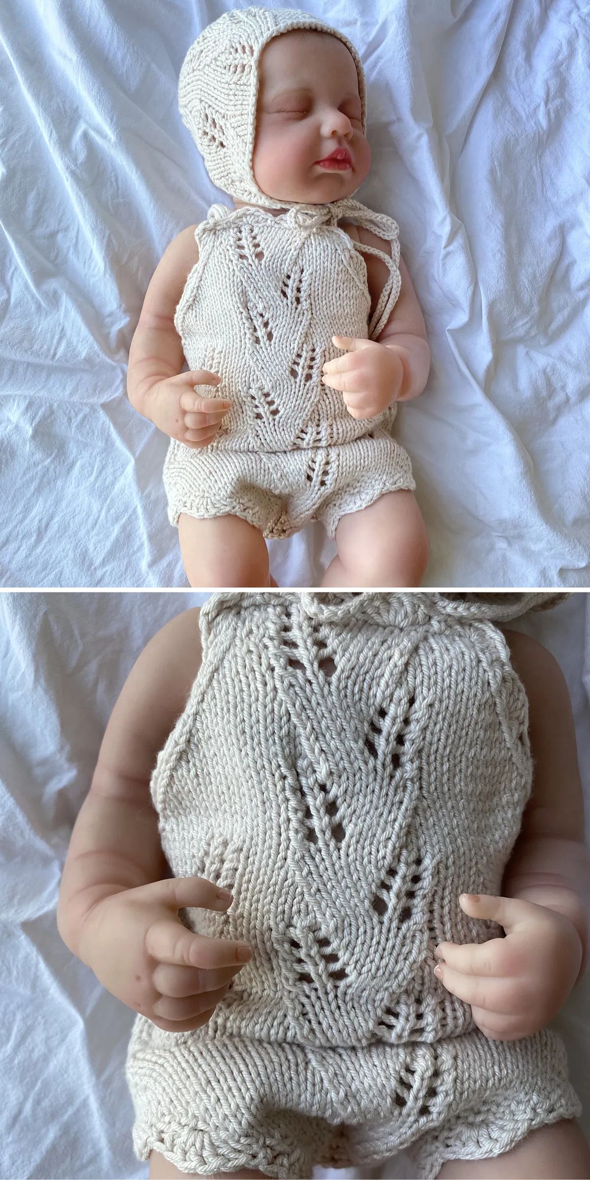 a knitted baby bodysuit with beautiful lace inserts
