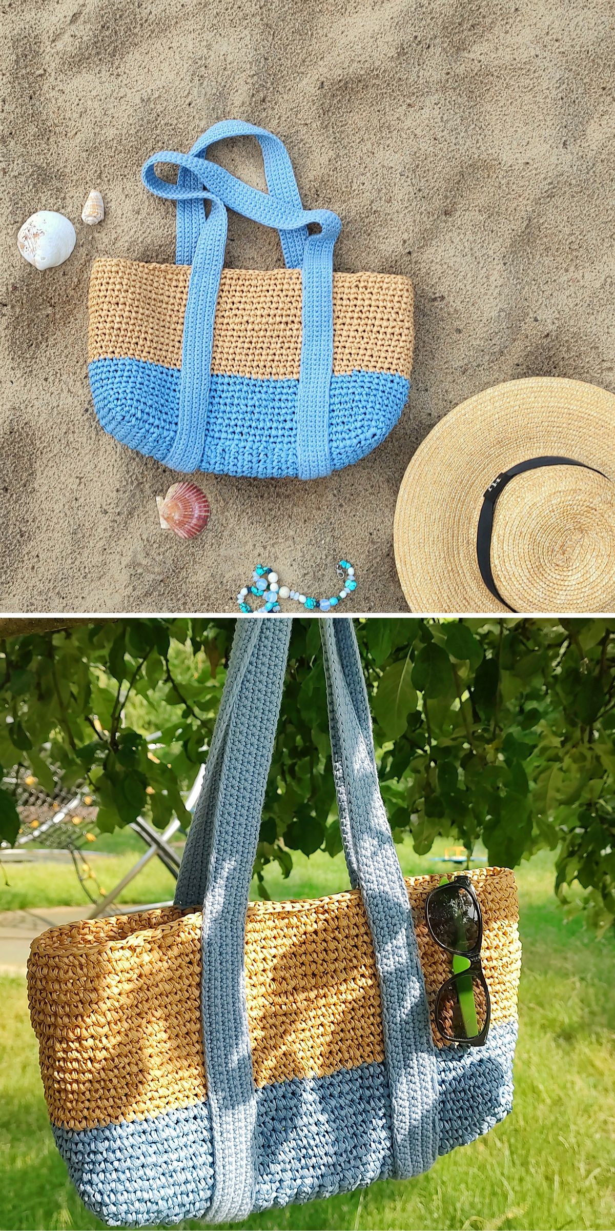 a bright crochet beach bag with a neutral top and blue bottom