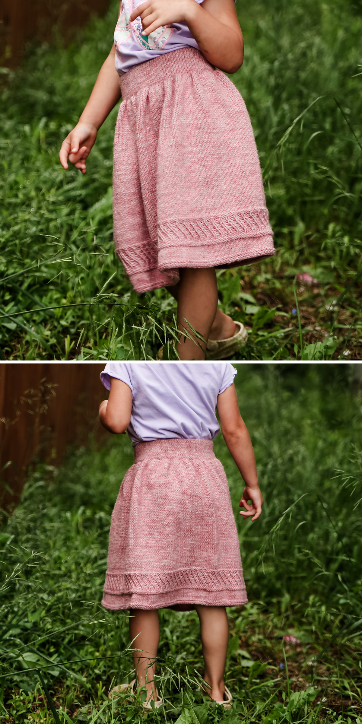 a little girl wearing a pink knitted skirt