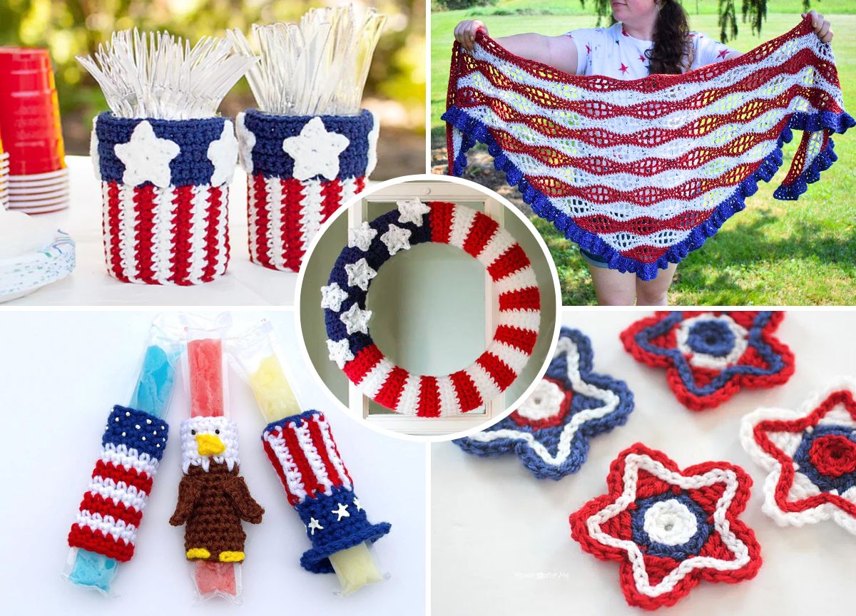 a set of crochet items featuring designs inspired by american flag and national symbols