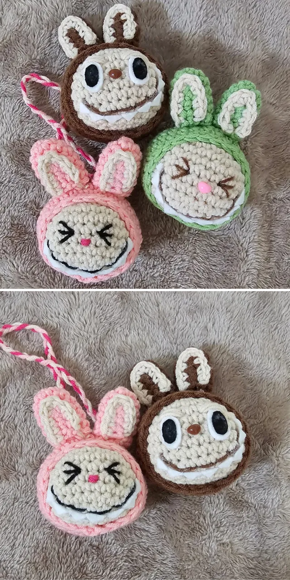 three funny crochet keychains with animal designs
