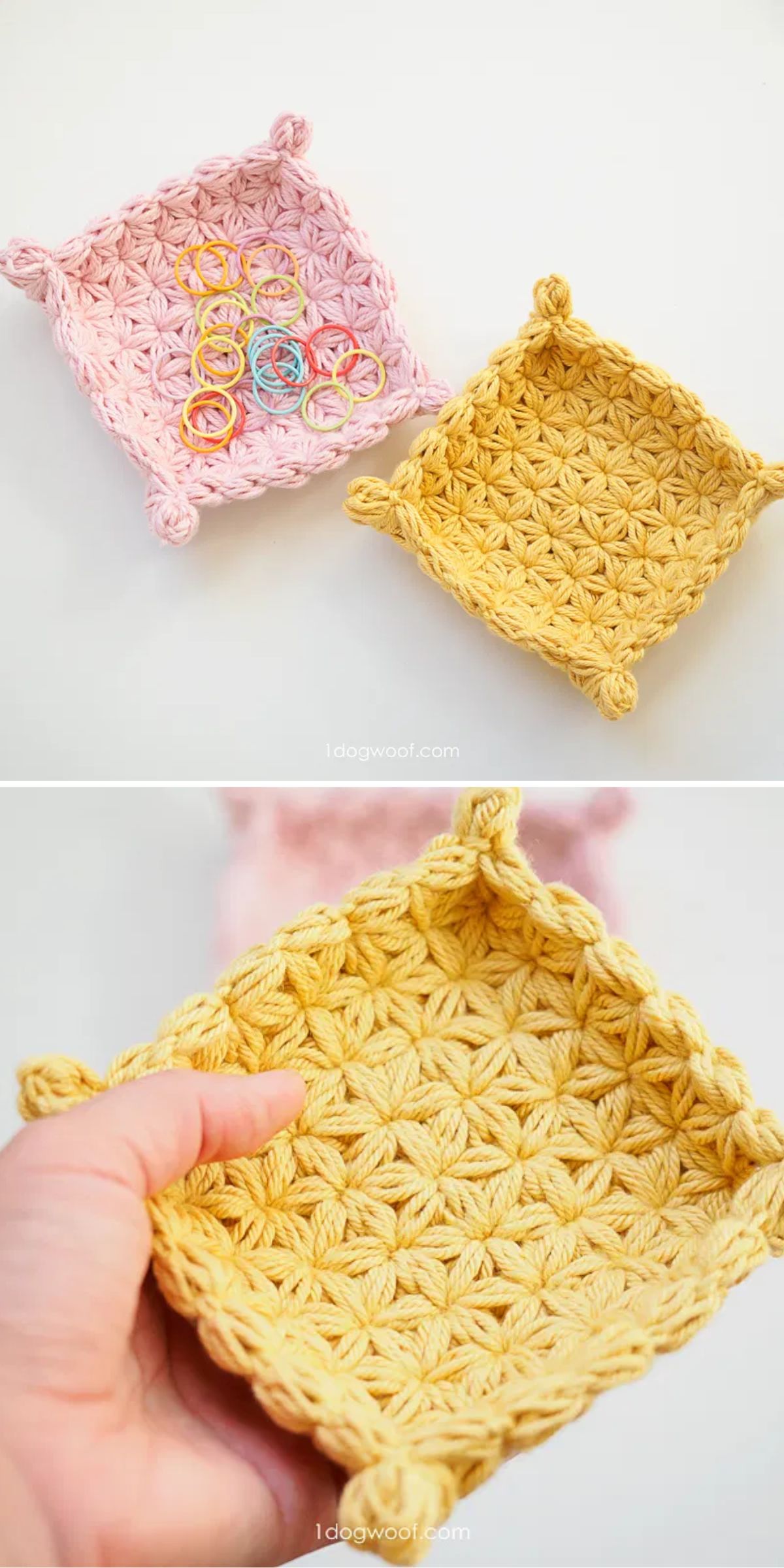 a square crochet jewelry dish featuring a lovely jasmine stitch texture