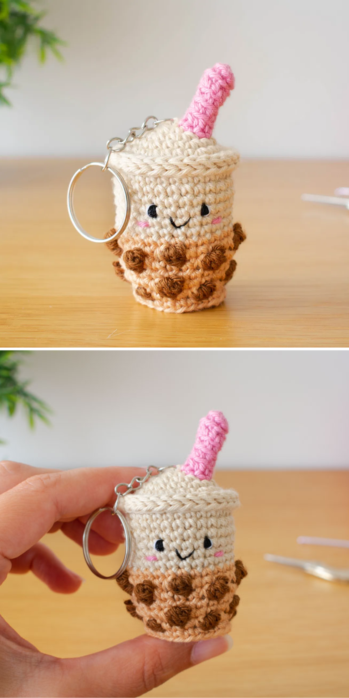a crochet keychain shaped like a cup with bubble tea