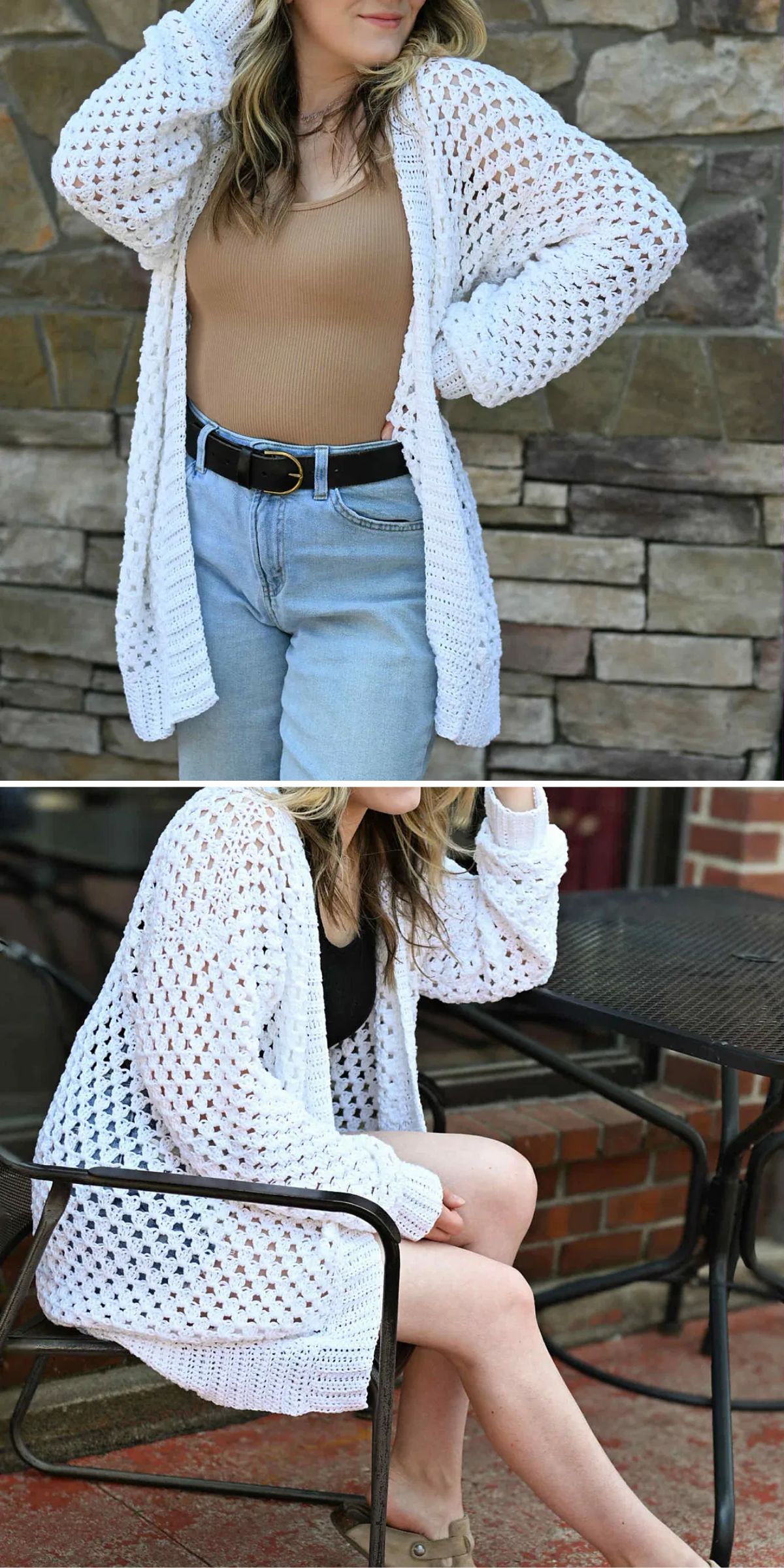 a long white crochet cardigan