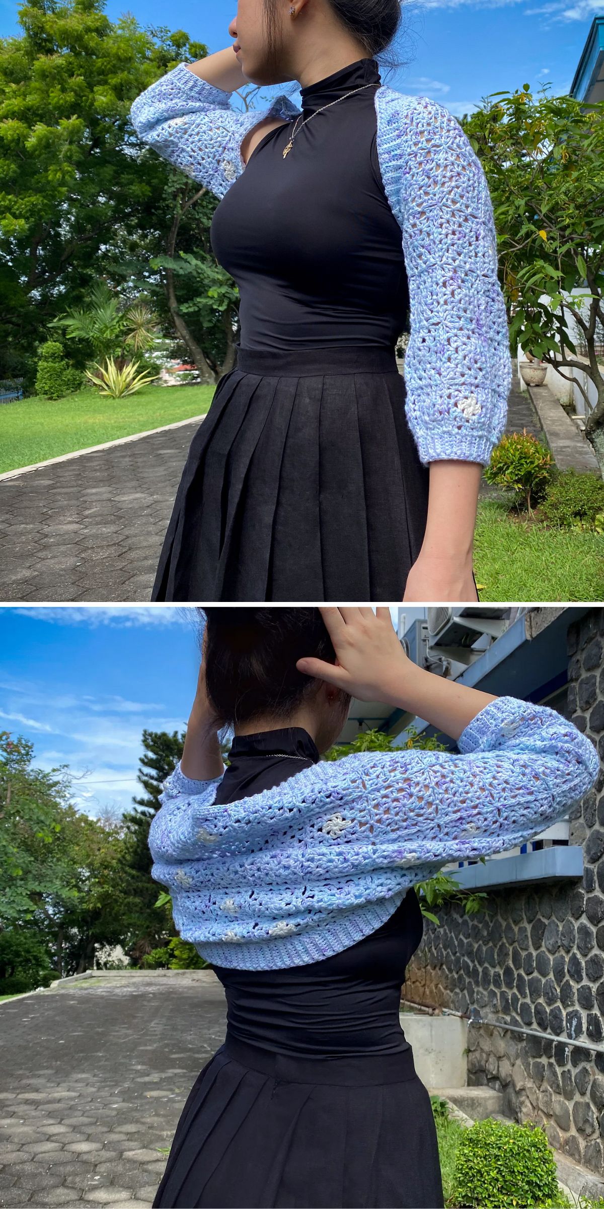 a woman wearing a blue crochet shrug