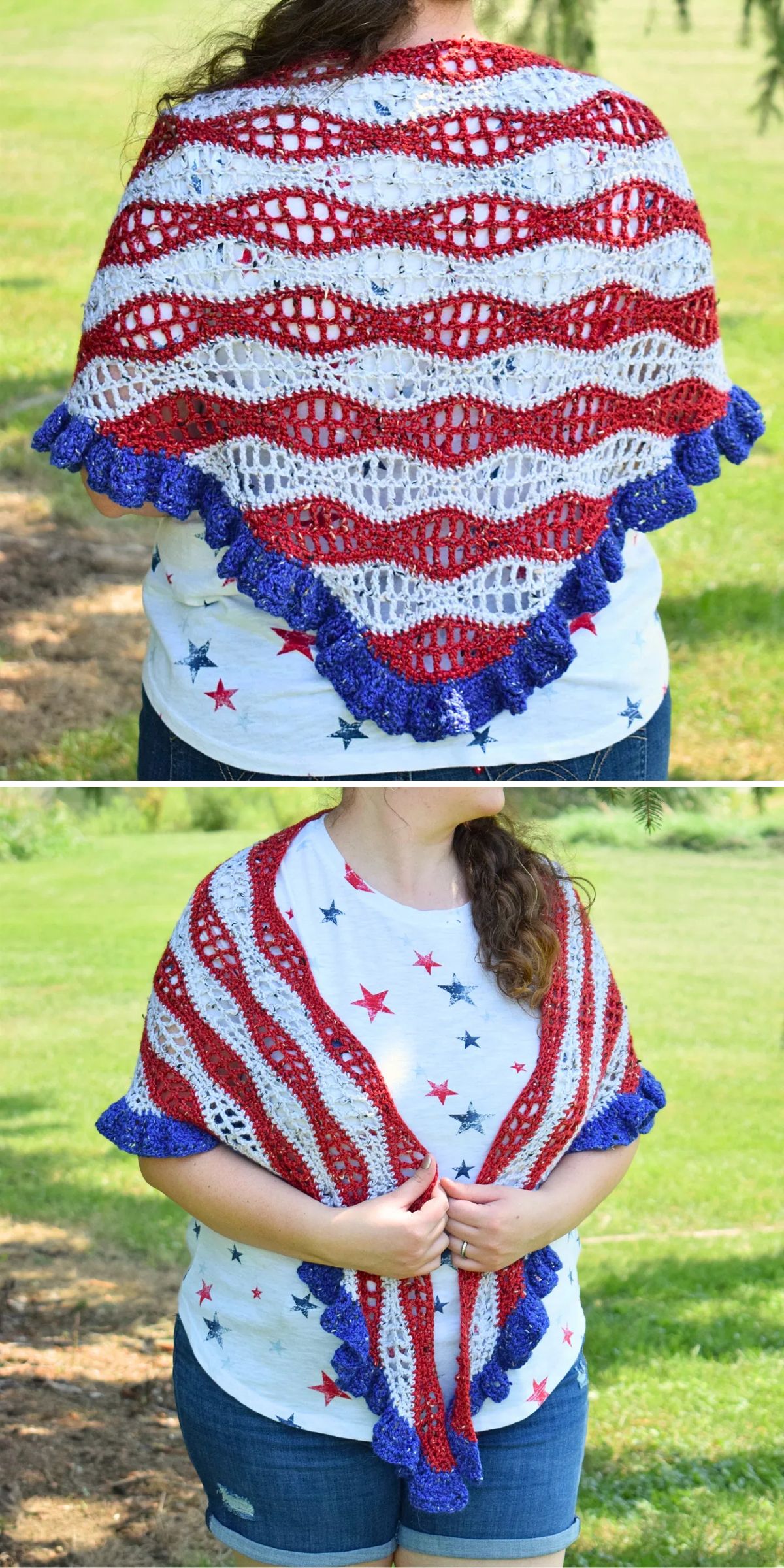 a striped crochet shawl in patriotic colors