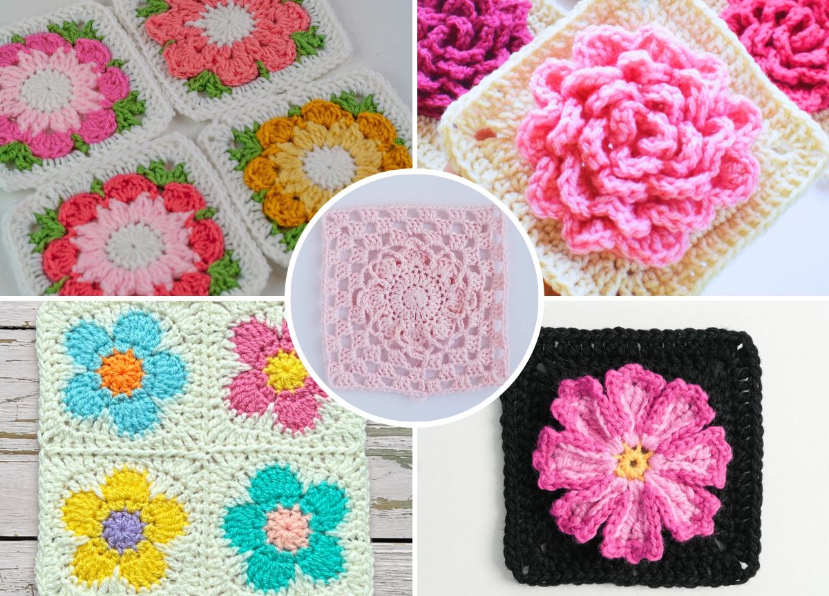 a collection of colorful crochet squares with flower motifs