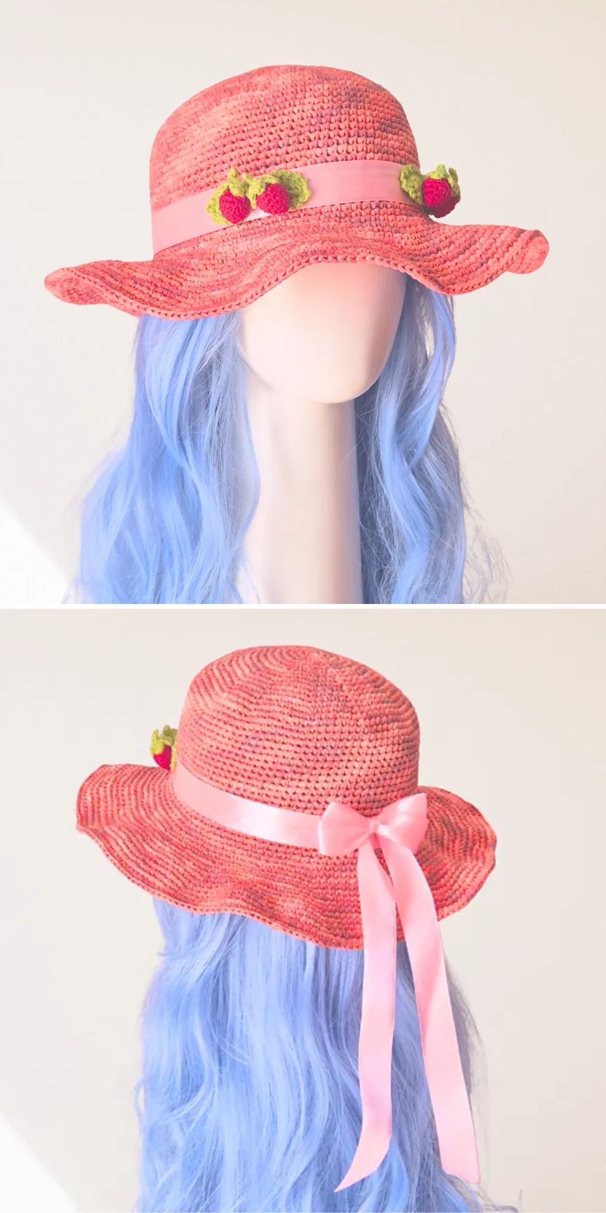 a pink crochet sun hat with strawberry appliques