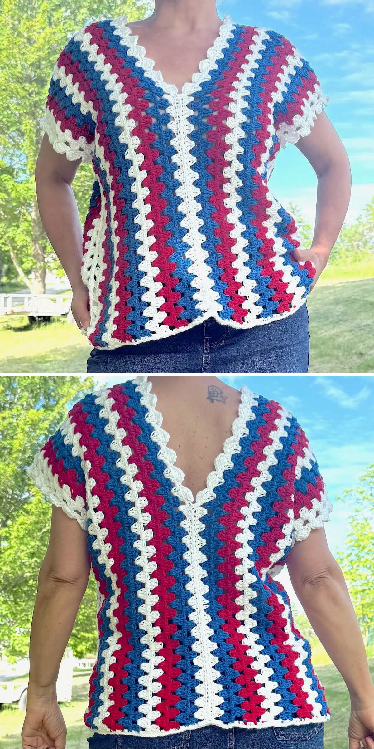 a short-sleeve striped crochet top in blue, white and red