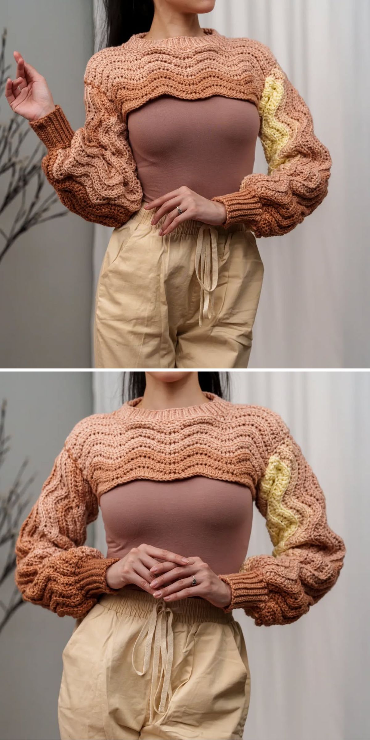 a crochet shrug featuring a ripple design in warm colors