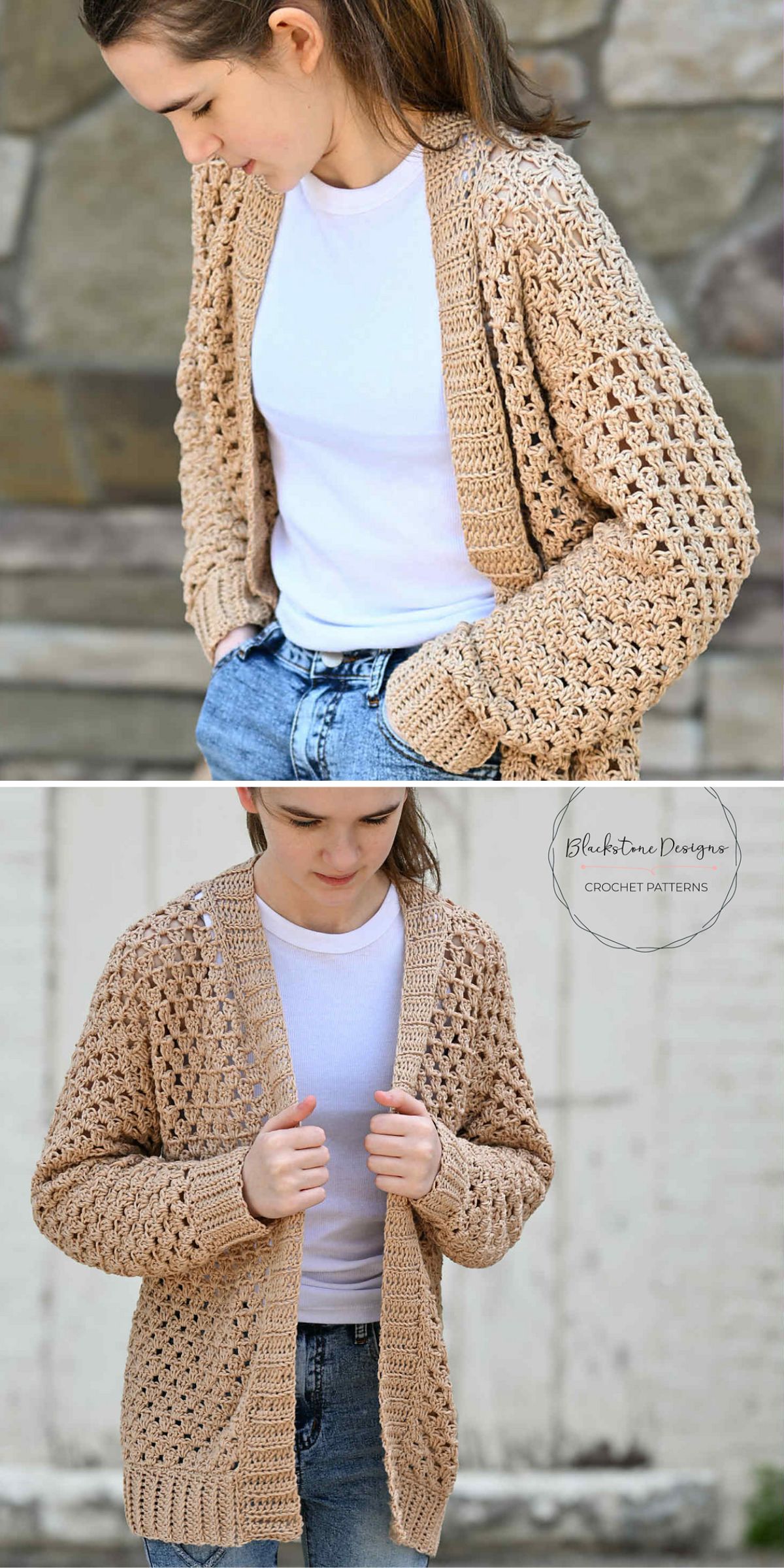 a girl wearing a crocheted cardigan in a beige color