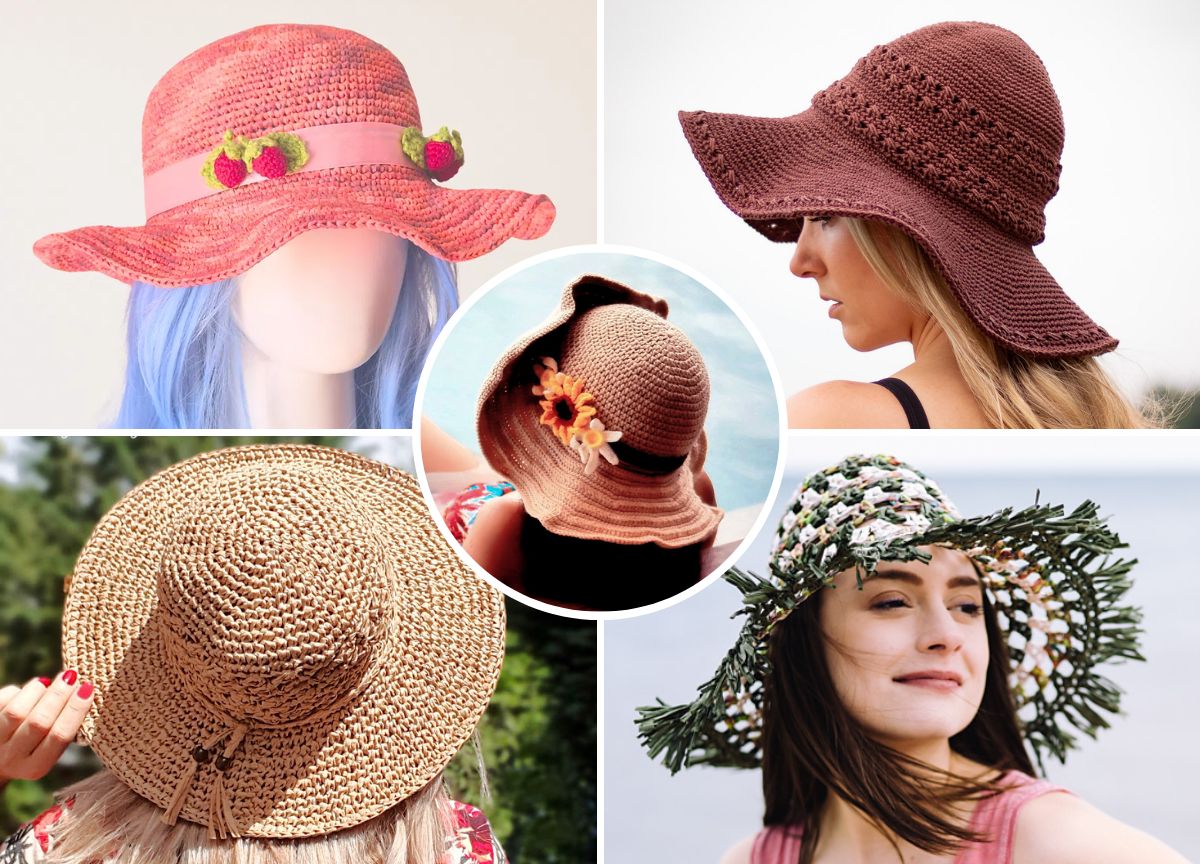 a collection of stylish crochet sun hats with large brims