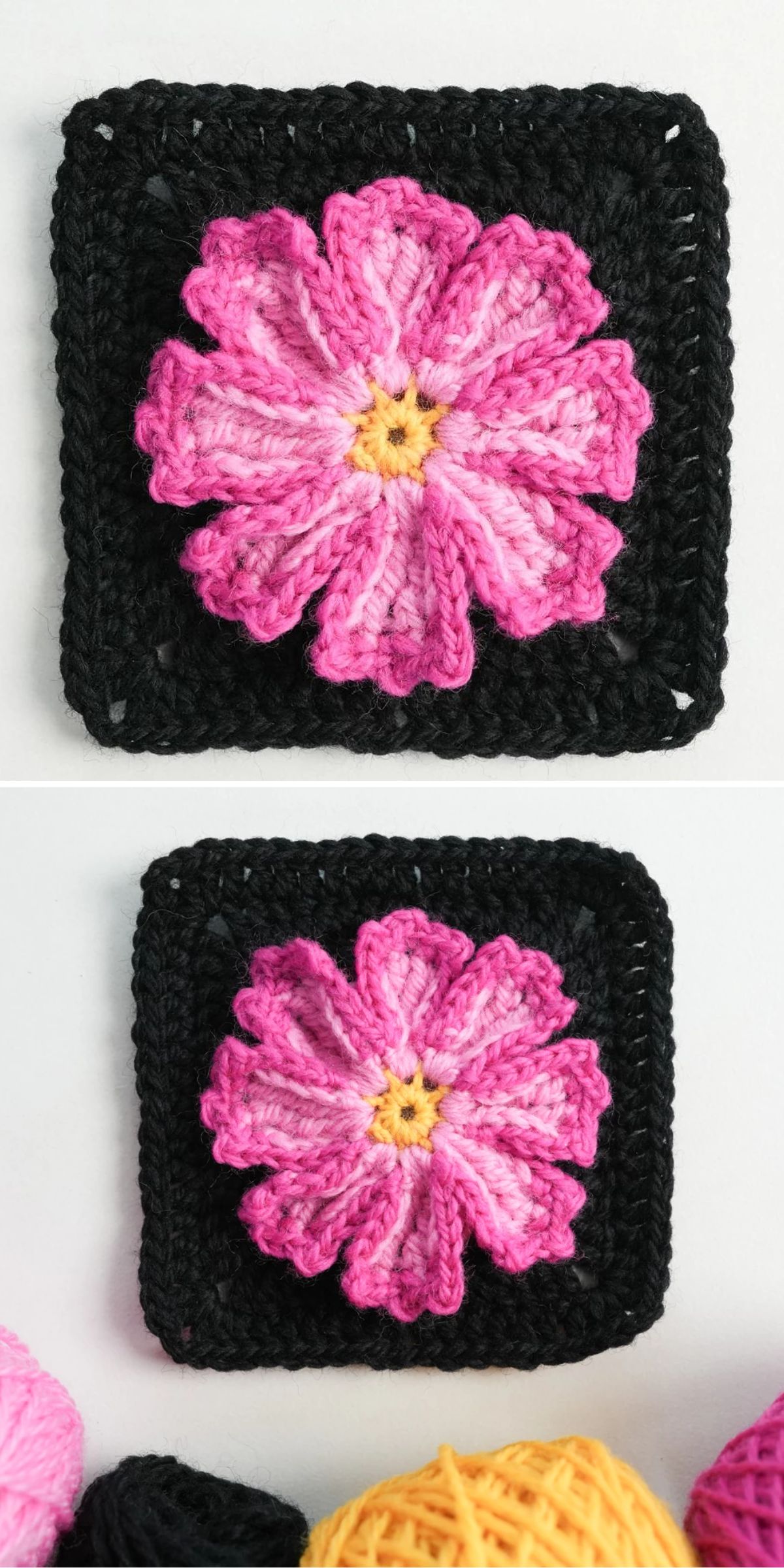 a granny square with a pink textured flower motif and a black background