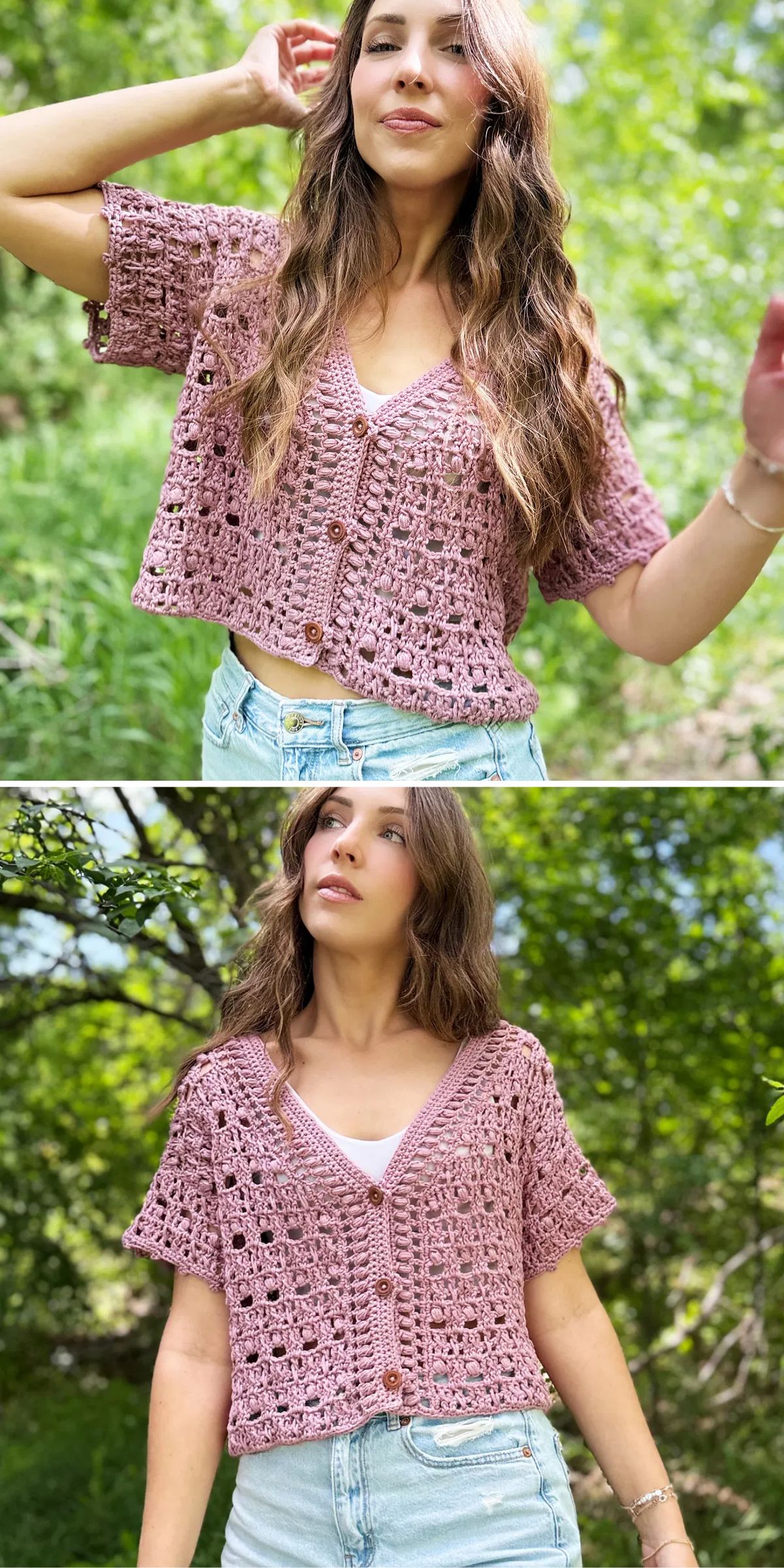 a lace summer crochet cardigan with a cropped fit in pink