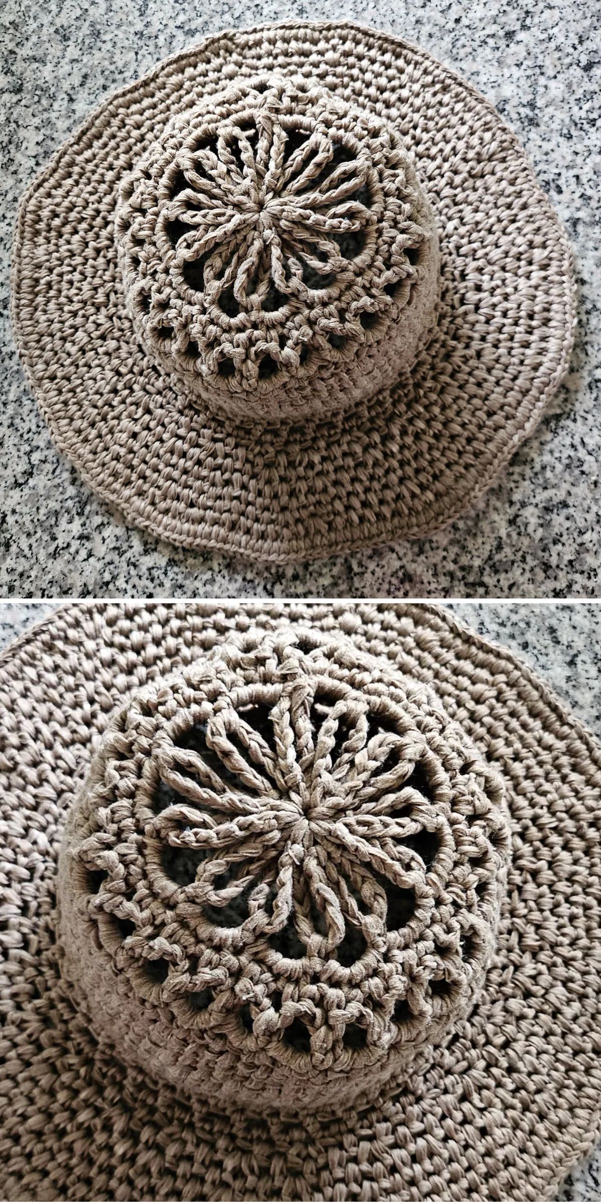 a large-brim crochet sun hat with intricate floral motif on the top