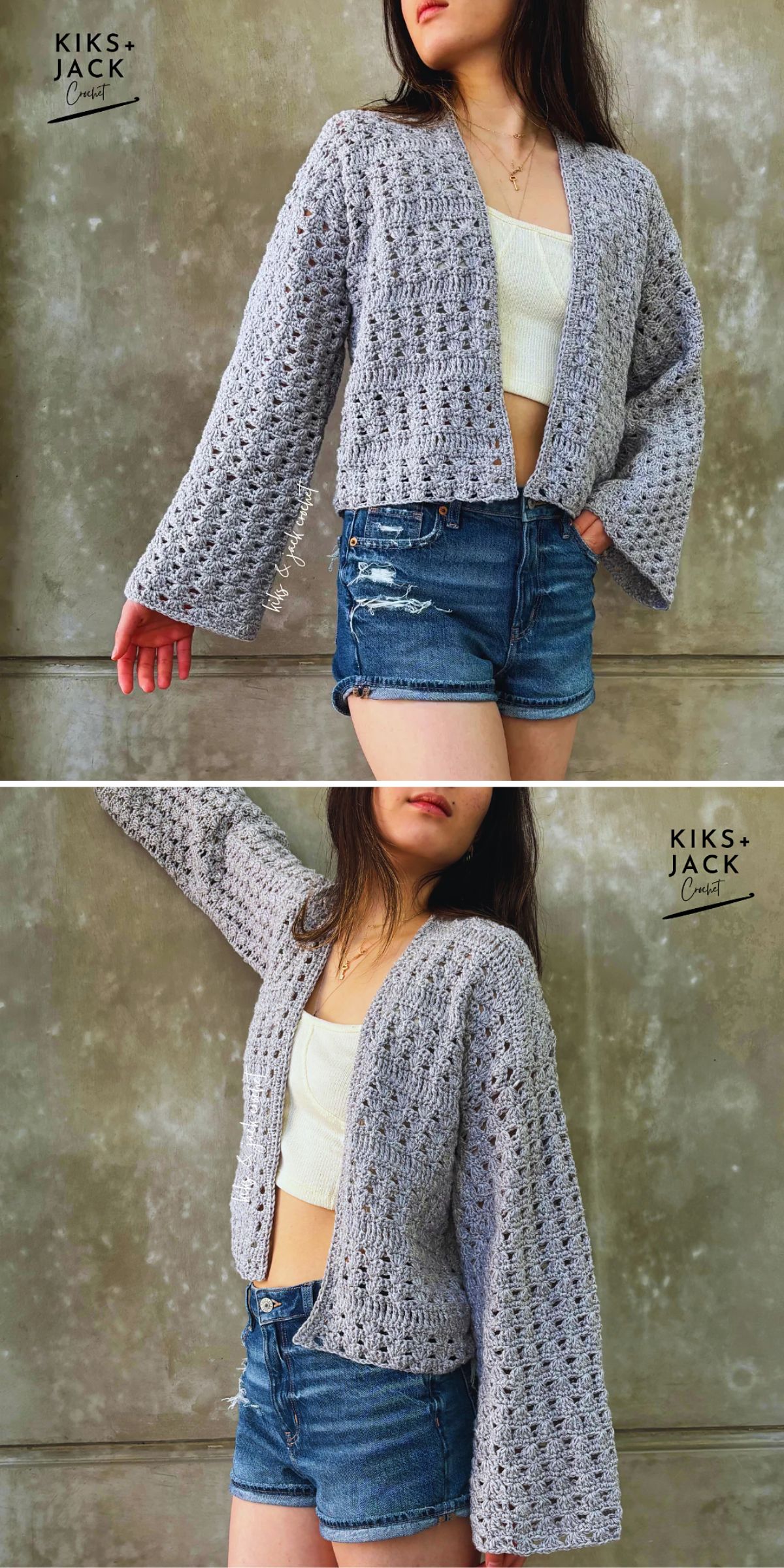 a grey cropped crochet cardigan with wide sleeves