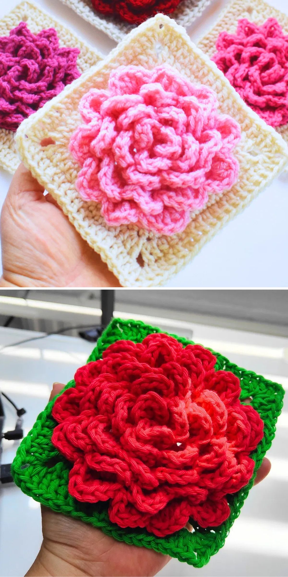 a crochet square with a textural rose center motif