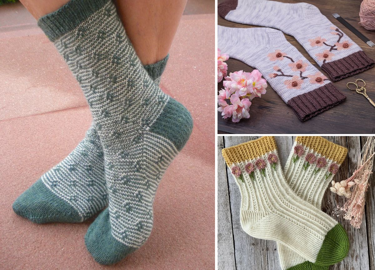 a set of knitted socks with fower motifs