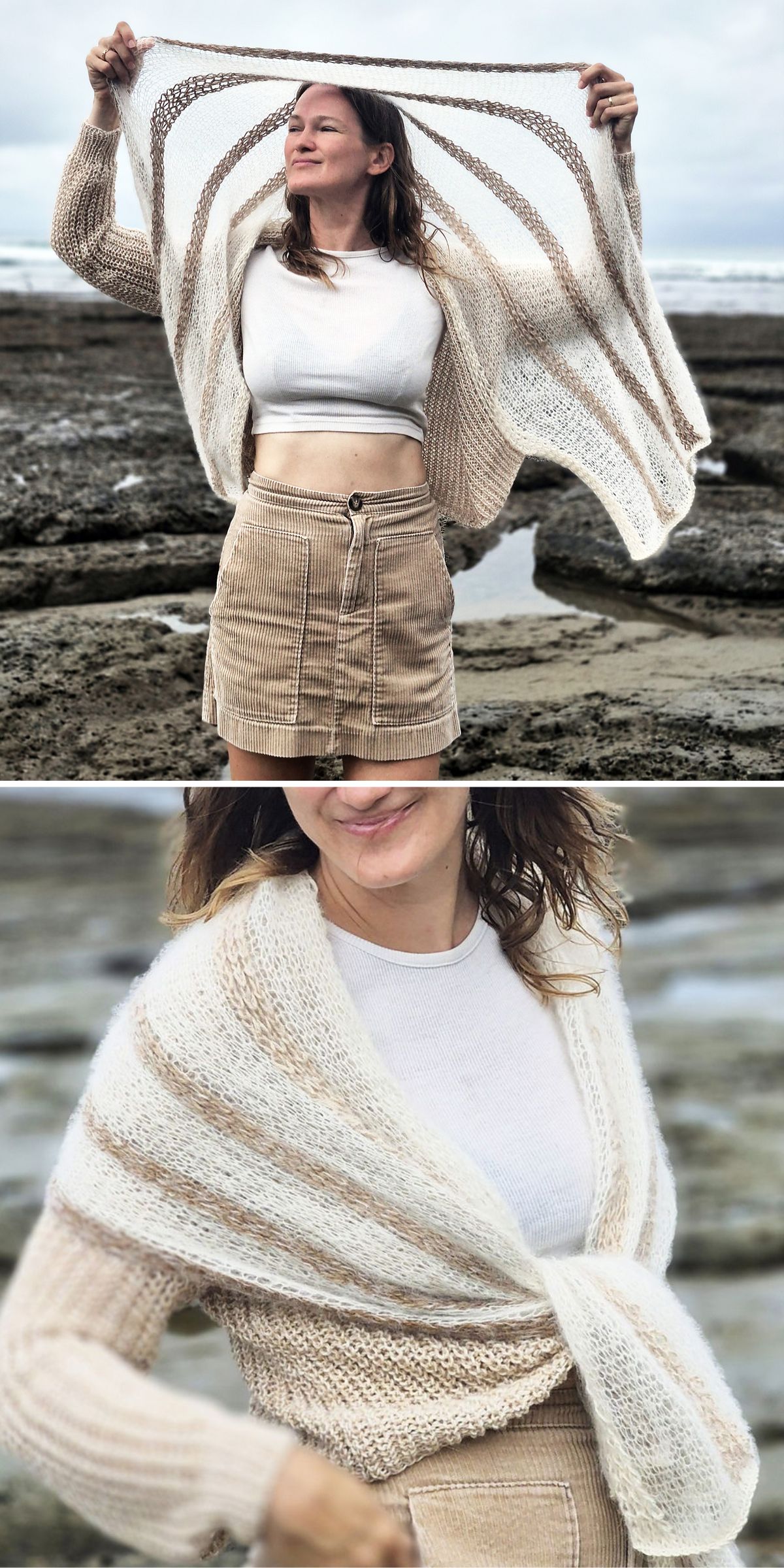 an interesting light knitted cardigan with a delicate shawl-like collar