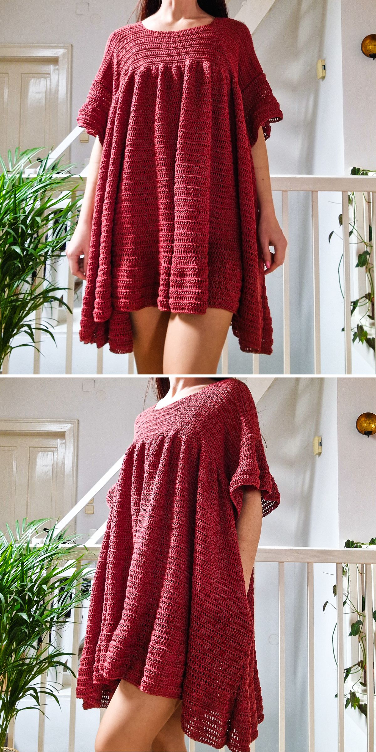 a loose oversized crochet dress in a red color