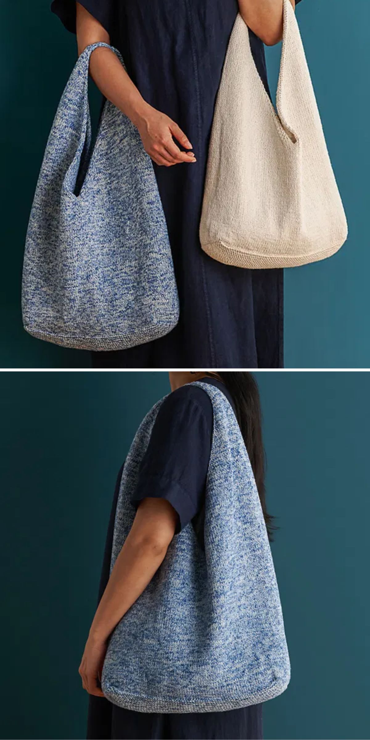 two large knitted market bags with simple solid texture