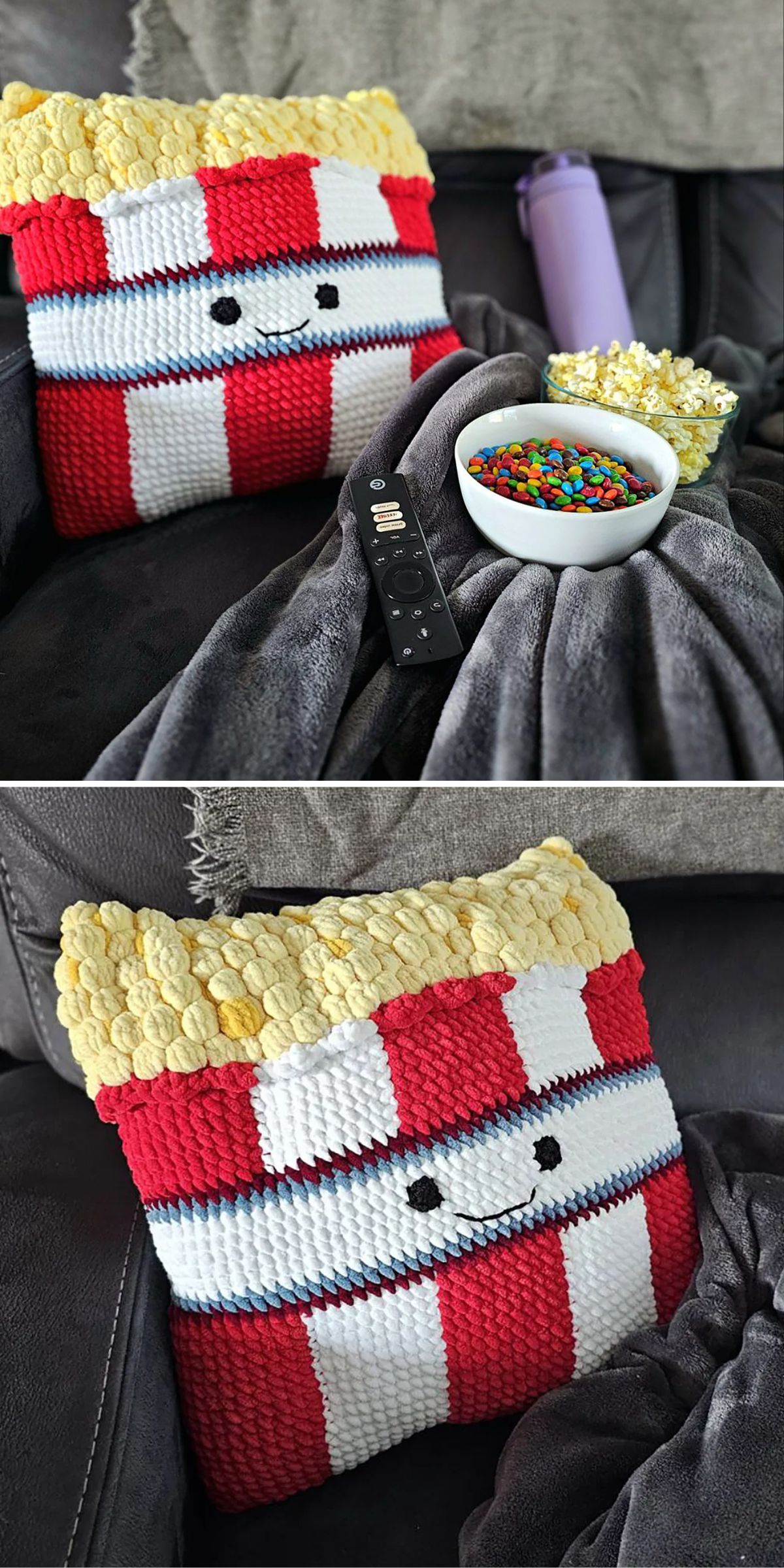 a cuddly crochet pillow shaped like a popcorn box