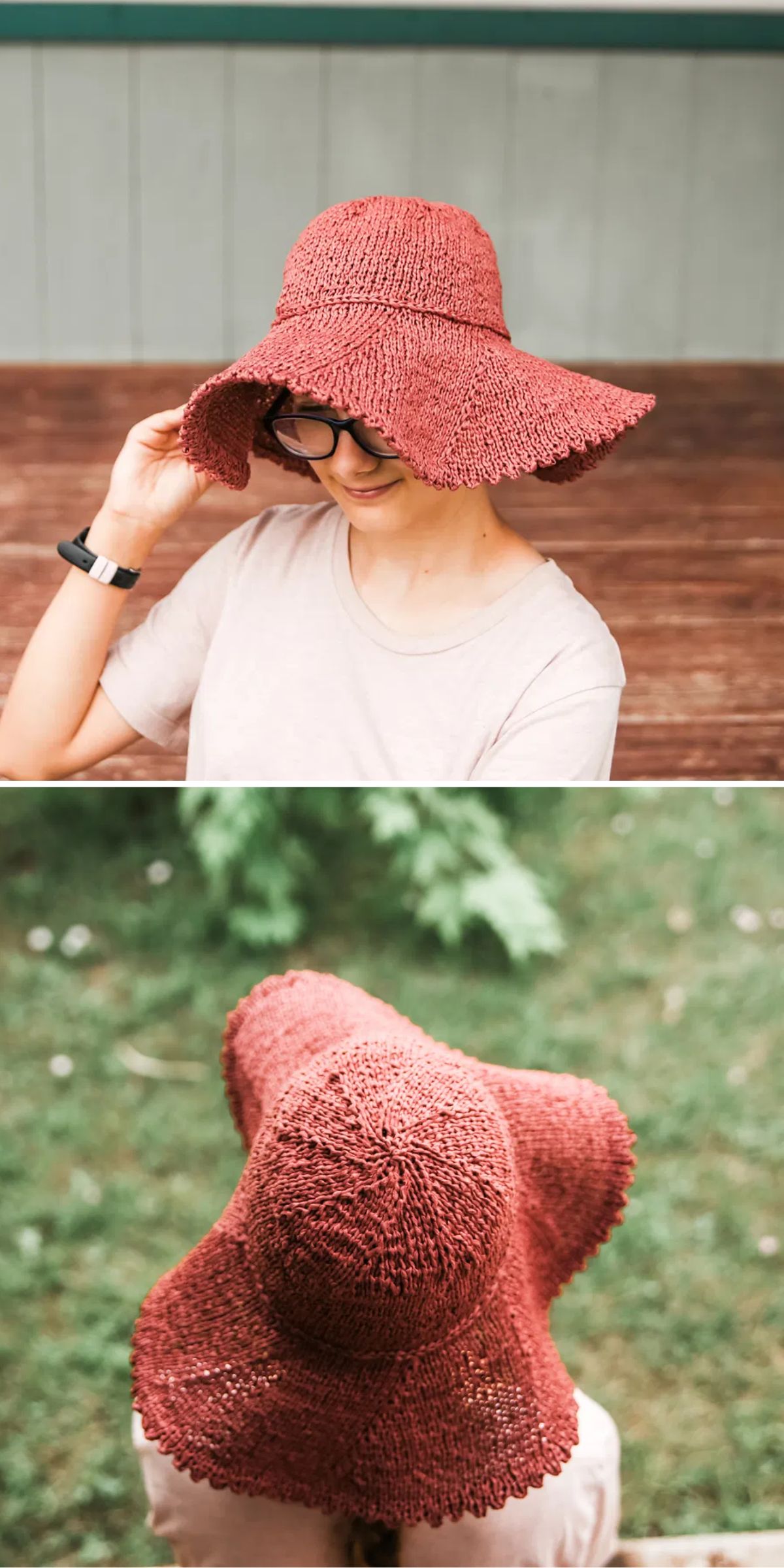 a stylish knitted summer hat in a soft red color