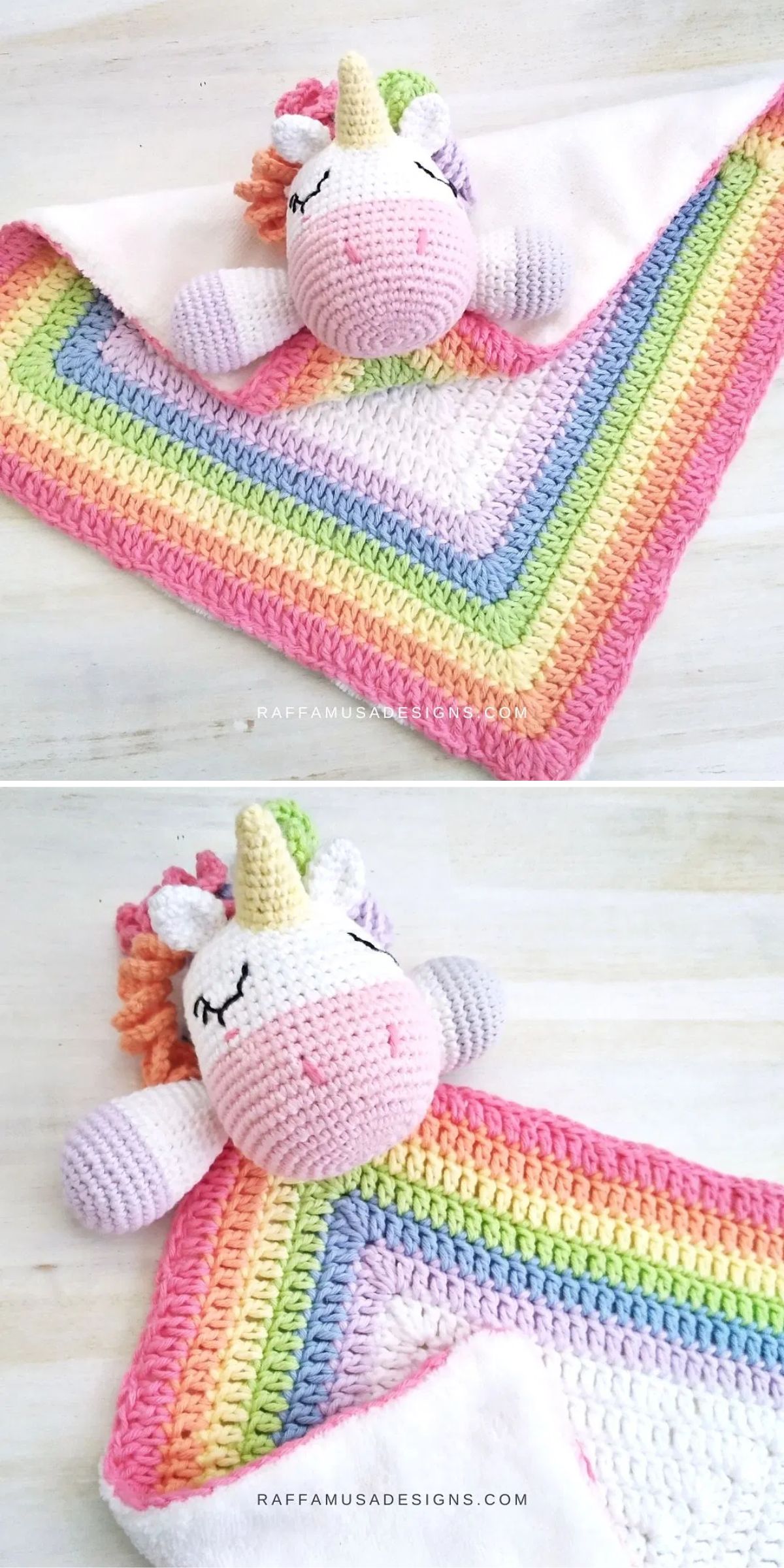 a rainbow-colored crochet unicorn baby lovey