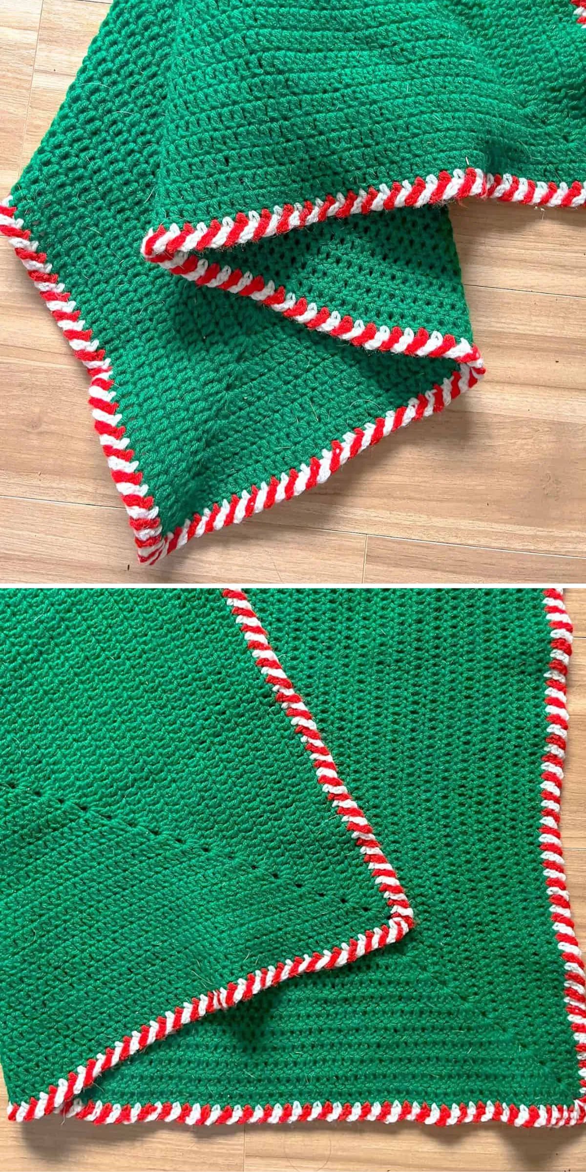 a crochet christmas blanket with a green body and candy cone border