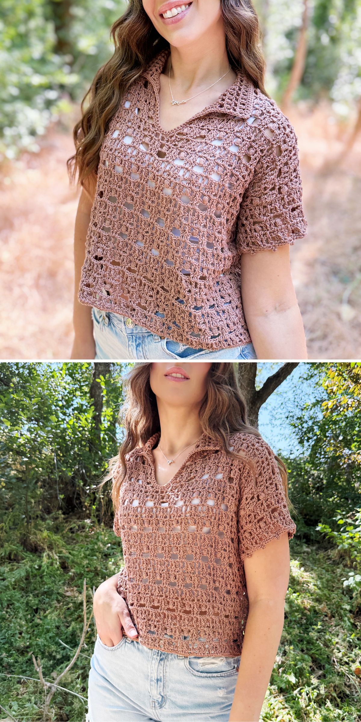 a woman wearing a mesh summer crochet blouse with a collar