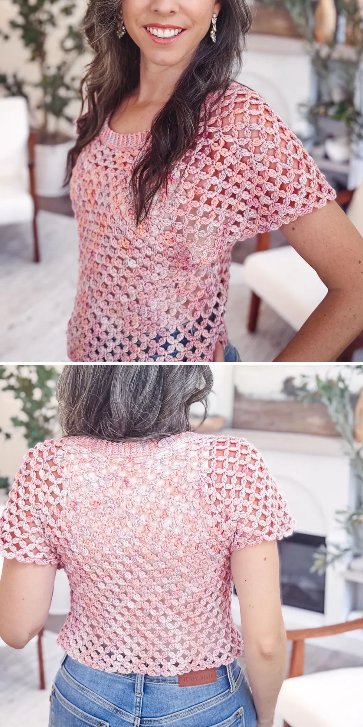 a woman wearing a lace crochet summer top in pink