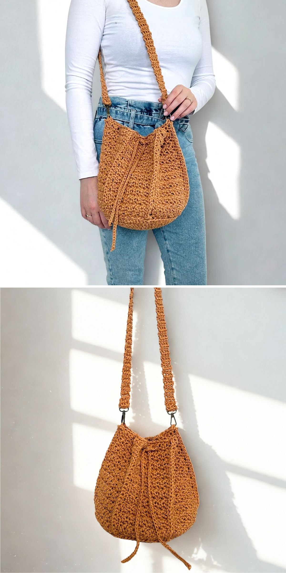 a modern crochet drawstring bag in a light brown color