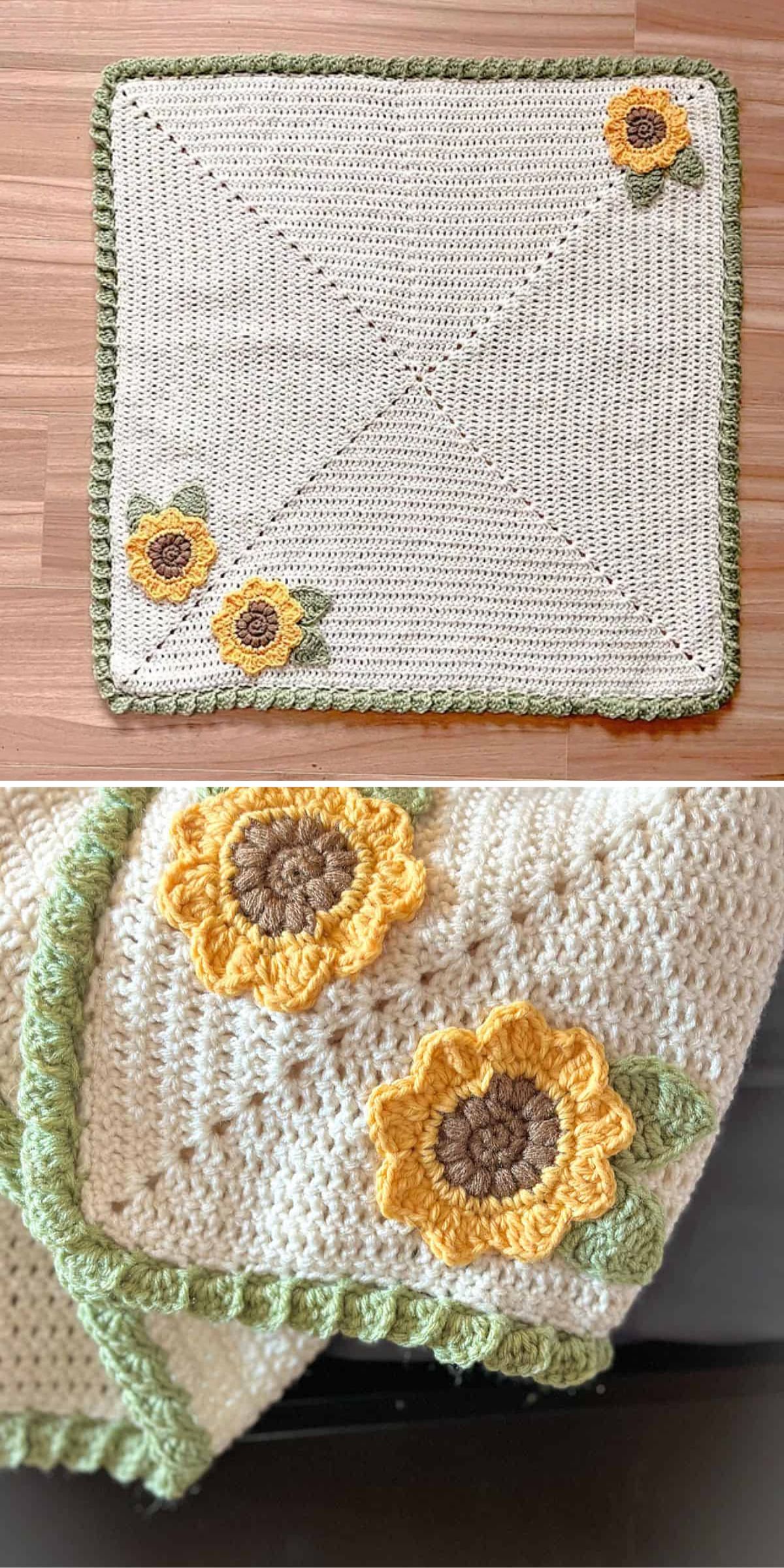 a crochet baby blanket adorned with sunflower appliques
