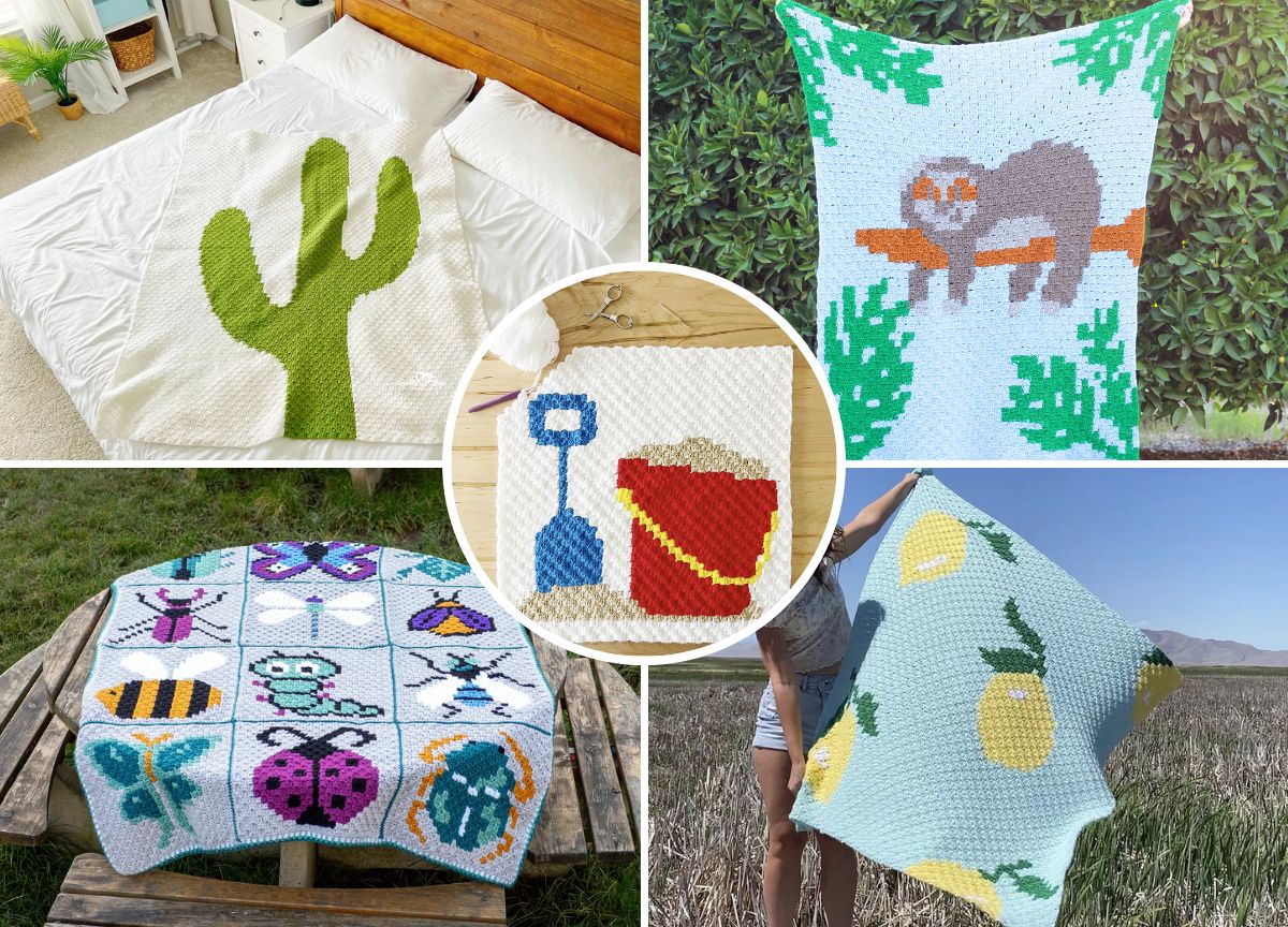 a collection of crochet corner-to-corner blankets with summer motifs